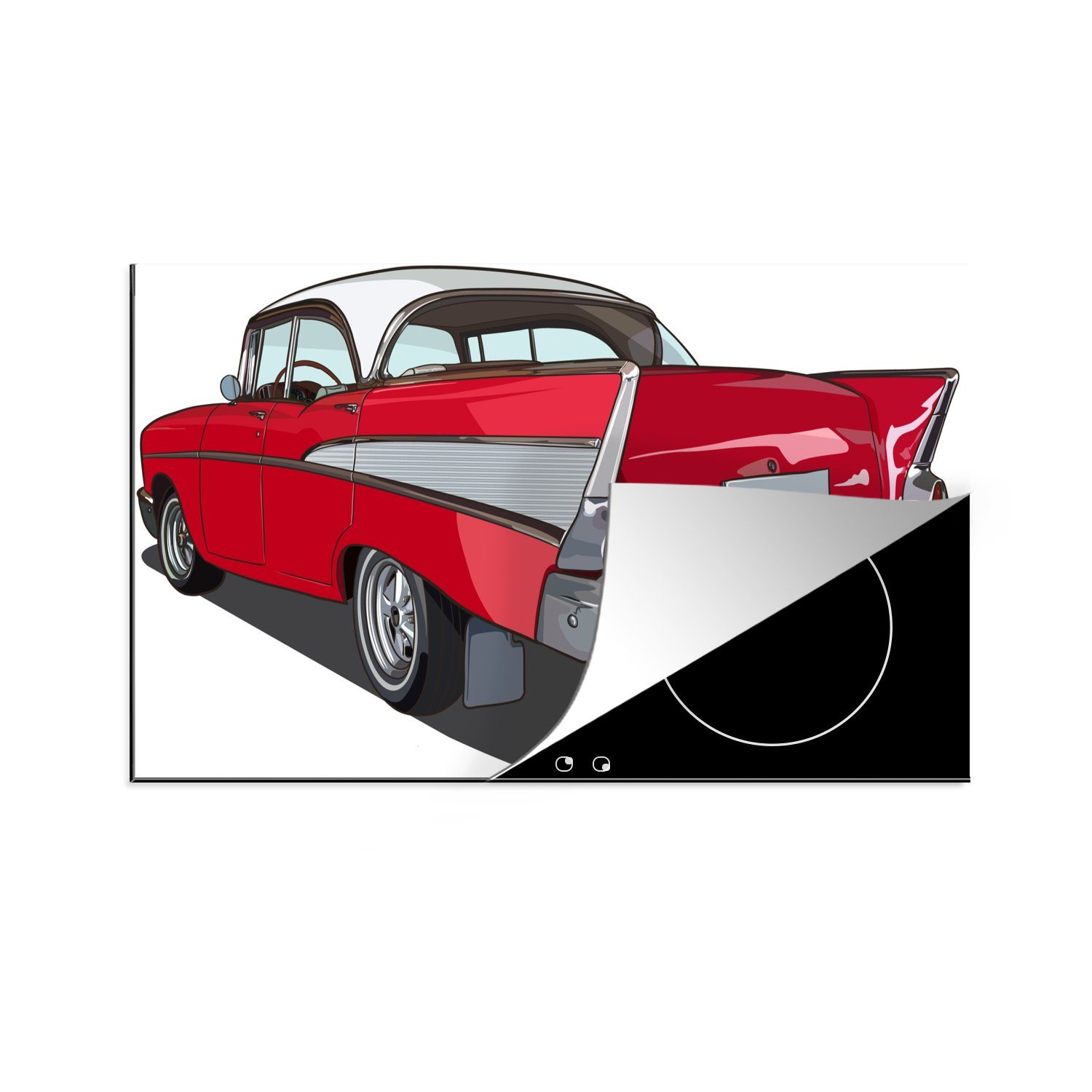 MuchoWow Herdblende-/Abdeckplatte Illustration des Hecks eines amerikanischen Autos, Vinyl, (1 tlg), 83x51 cm, Ceranfeldabdeckung, Arbeitsplatte für küche