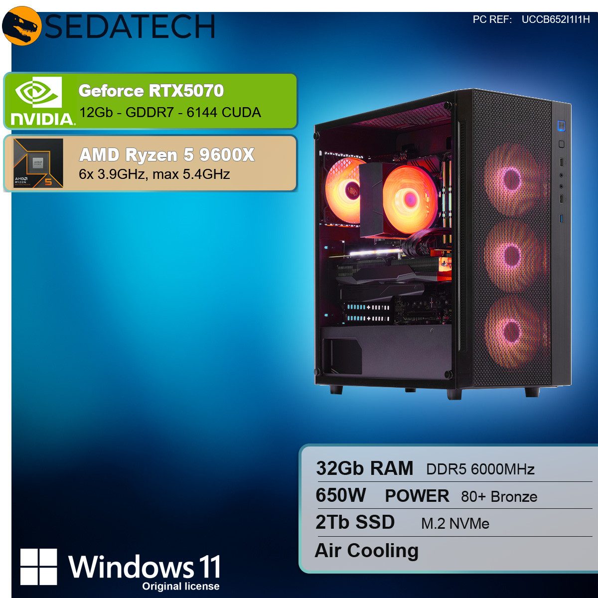 Sedatech UCCB652I1I1HF - Gaming-PC (AMD Ryzen 5 9600X 6x 3.9GHz (max 5.4GHz), Geforce RTX5070 12GB, 32 GB RAM, 2000 GB SSD, Wlan 6E)