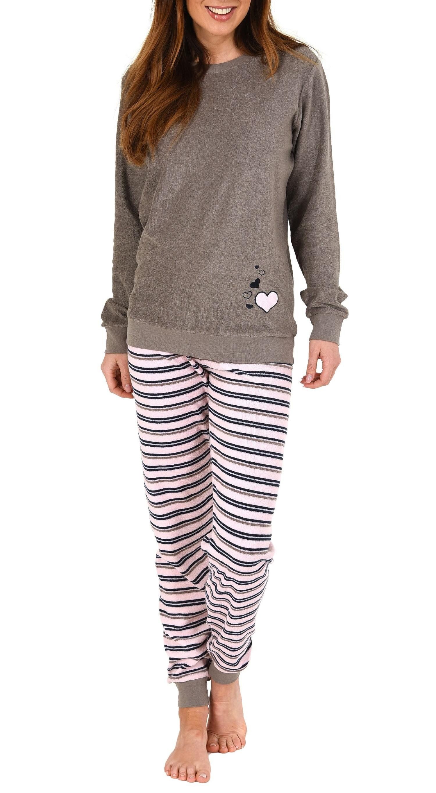 RELAX by Normann Pyjama Damen Frottee Schlafanzug mit Bündchen und Herz Motiv - 291 13 570