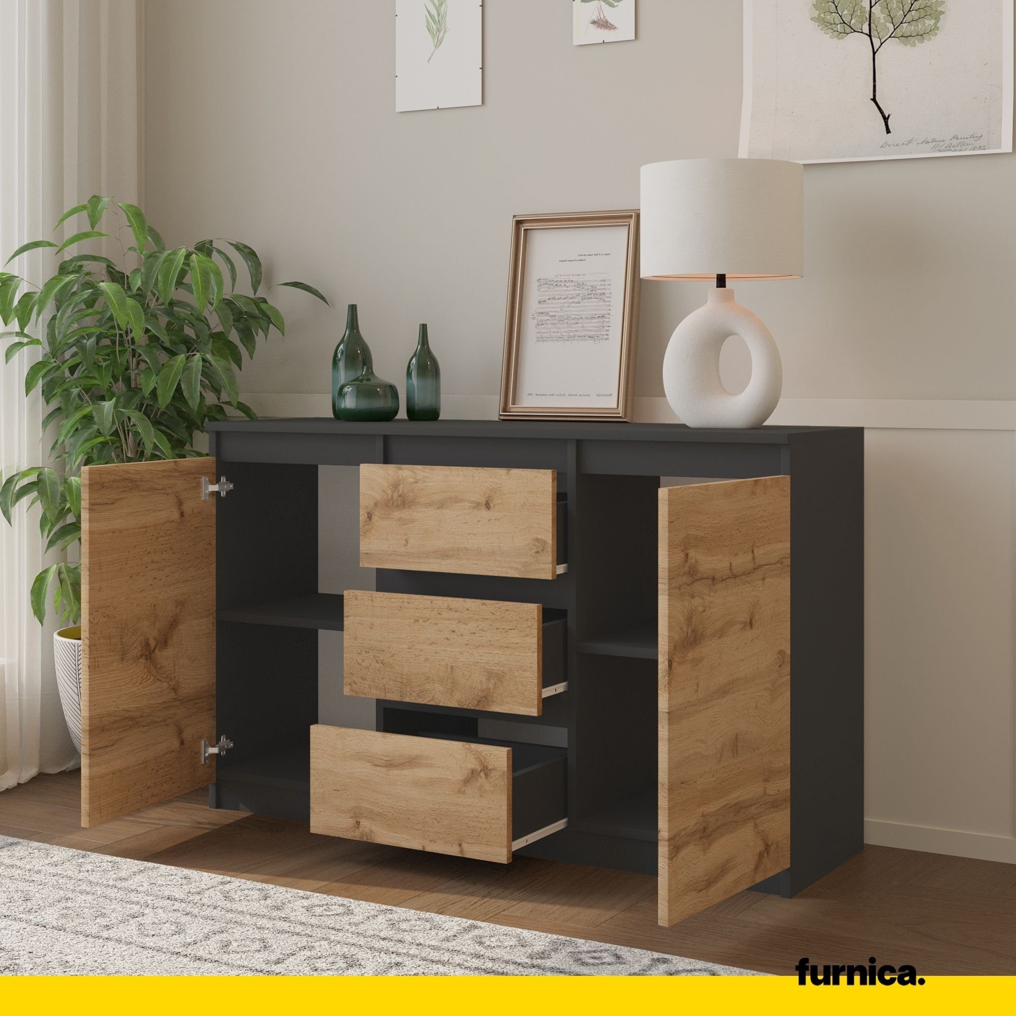 Furnica Kommode Sideboard 3 Schubladen und 2 Türen - Anthrazit Grau H75cm B120cm T35cm – Bild 5 von 5
