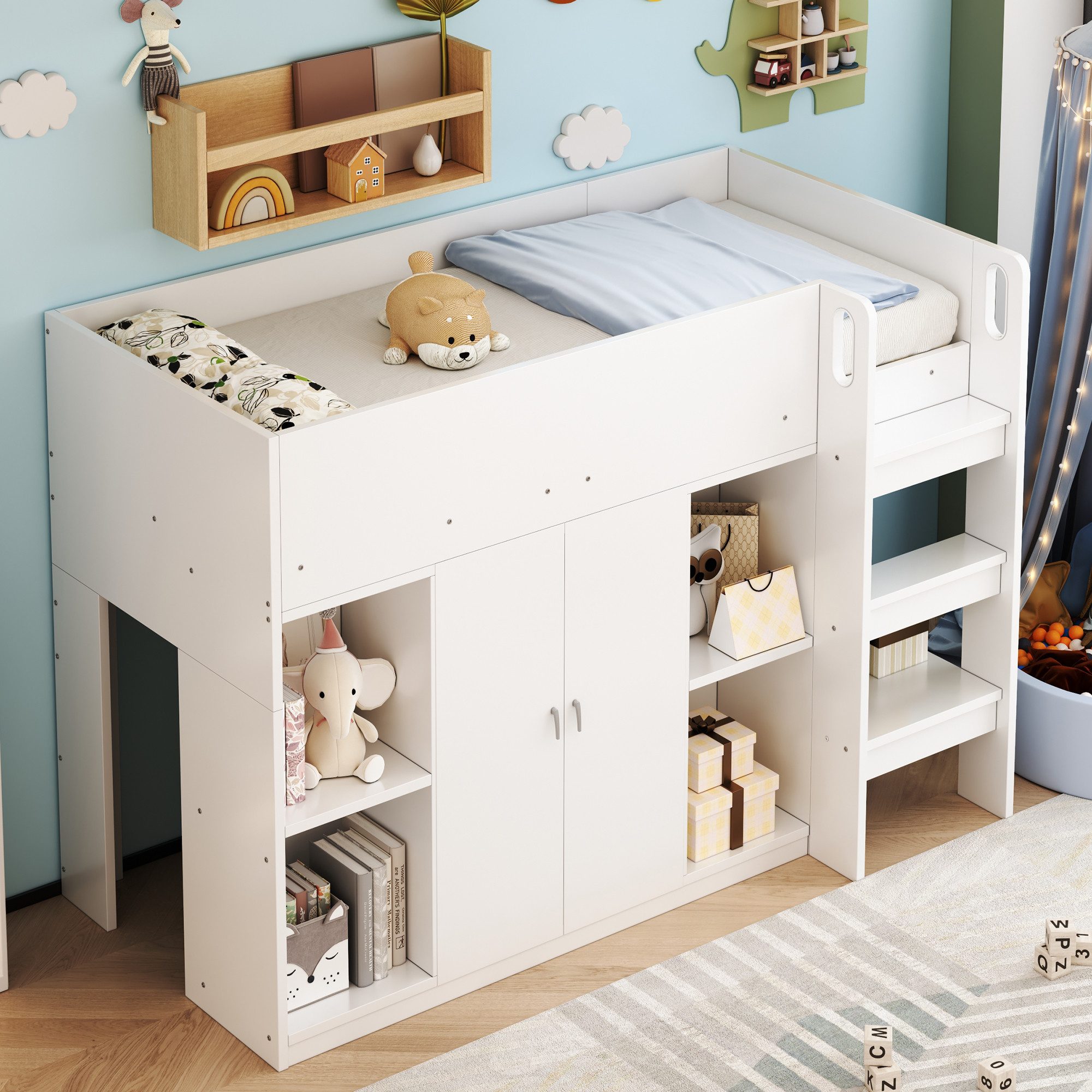 Flieks Hochbett Kinderbett 90x200cm mit Kleiderschrank, günstig online kaufen