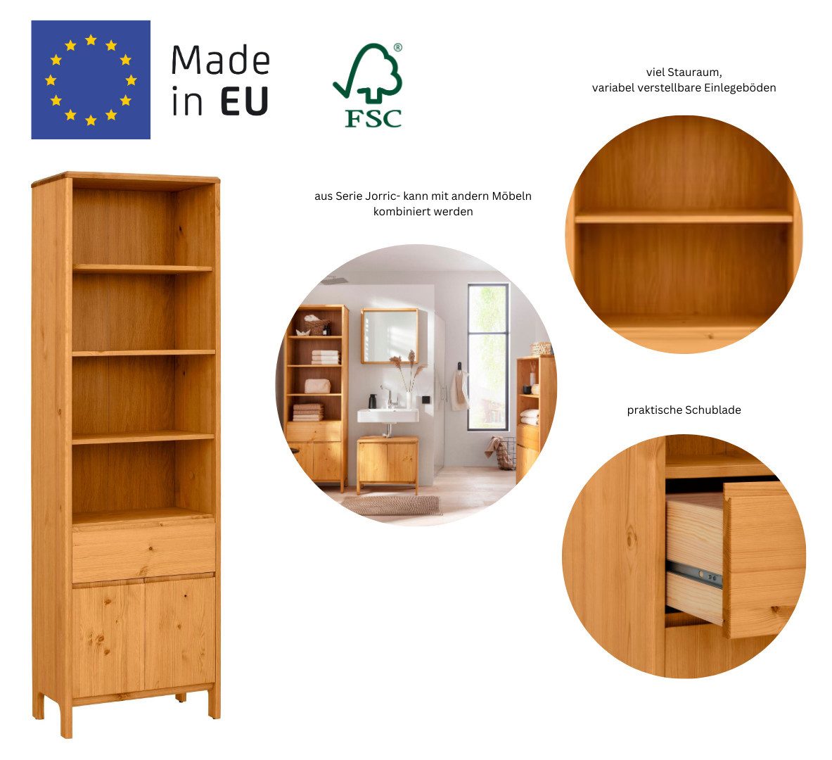 OTTO products Hochschrank Jorrick Breite 60 cm, Massivholz Kiefer mit Bio Öl/Wachs behandelt