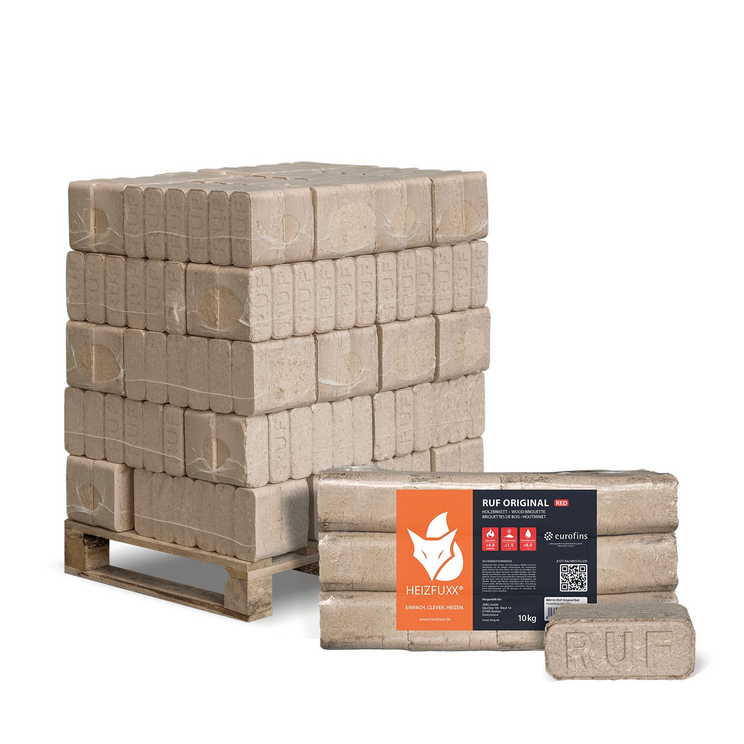HEIZFUXX Holzbriketts RUF Original Red Holzbriketts Hartholz, 300 kg, (Palette, 30-St)