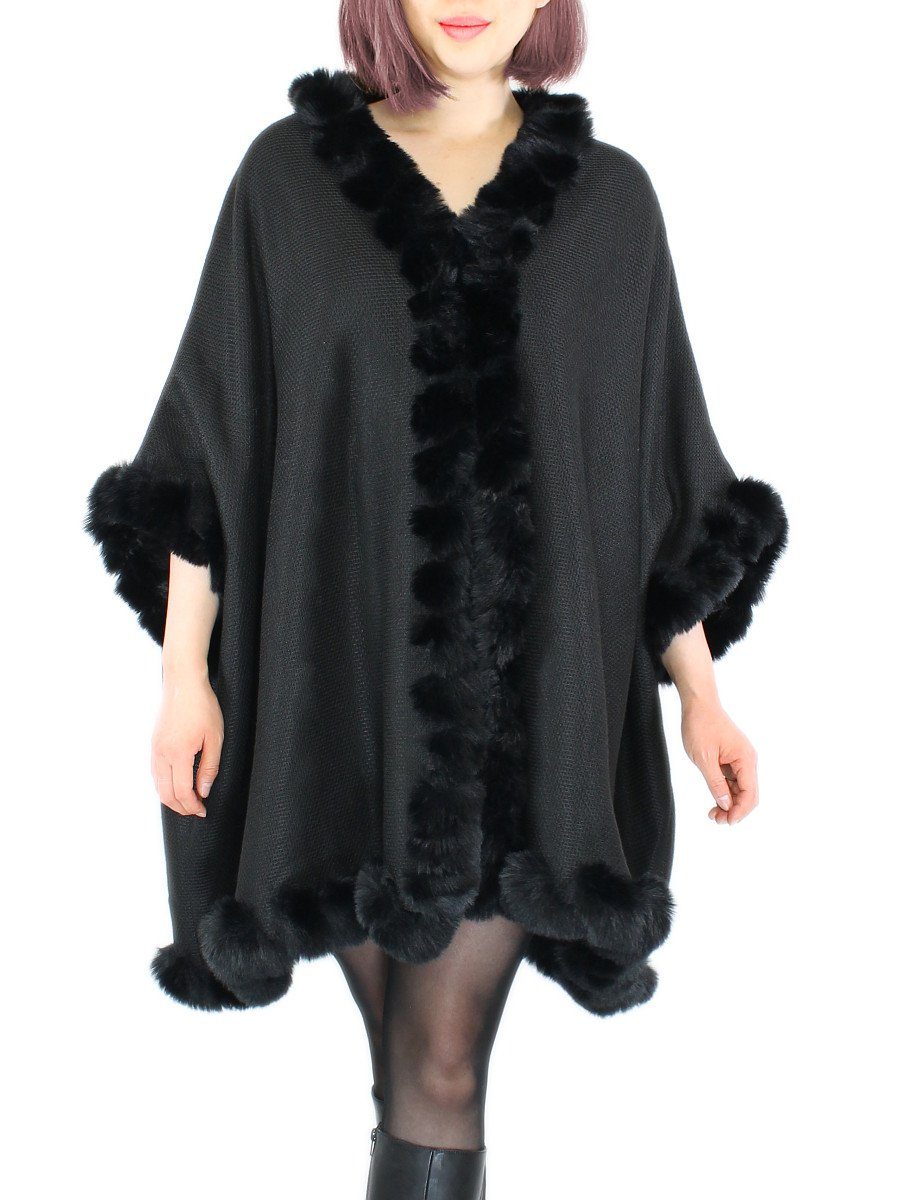 dy_mode Poncho Damen Poncho mit Innenfutter und Kunstfell in Unifarben und Meliert mit Innenfutter