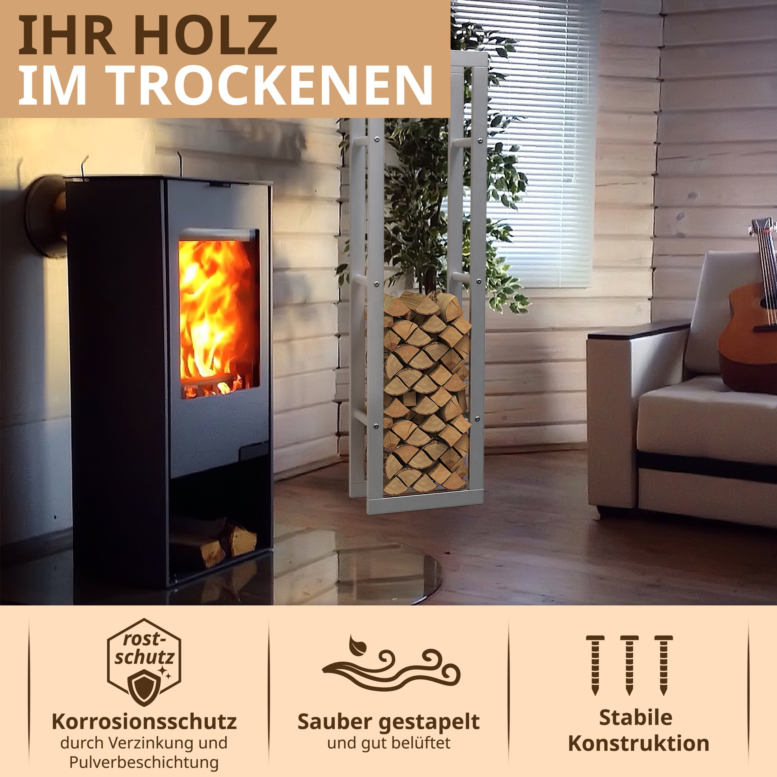 LAWA Living and Lifestyle Kaminholzregal innen und außen Metall VERZINKT für Brennholz hoch, BxTxH:40x25x150 cm, galvanisiert, pulverbeschichtet, stehend und liegend, SILBER