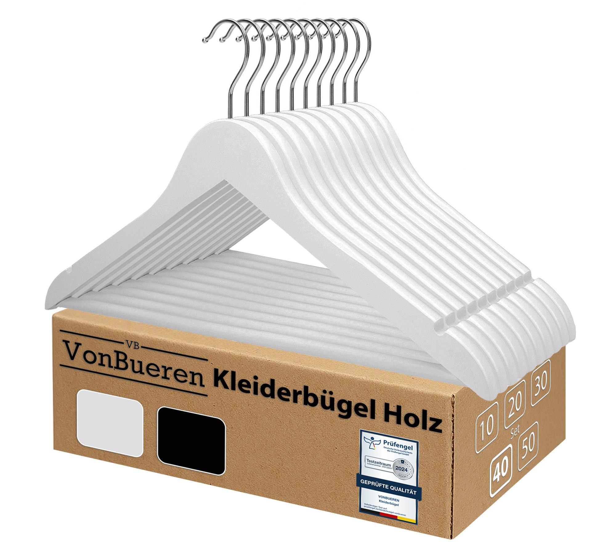 VonBueren Kleiderbügel Holz weiß 44,5x22cm Holzbügel mit Hosensteg und Kerben drehbarer Haken, (40-tlg), 360 Grad drehbarer Haken, Hosensteg und Kerben für Träger