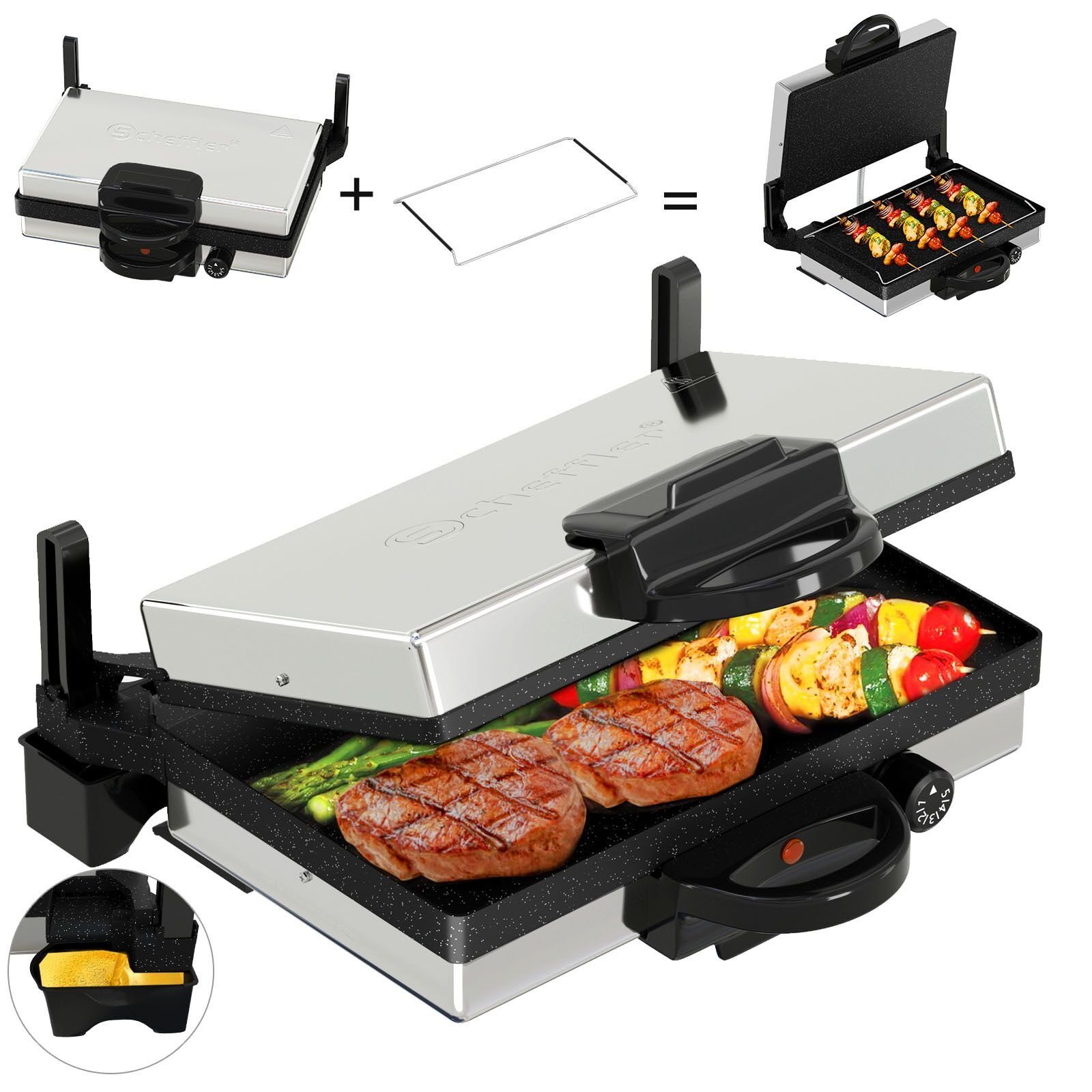 Scheffler Elektrogrill Kontaktgrill 3 in 1 Multigrill, Grill, Elektrischer Optigrill, 2000,00 W, Antihaftbeschichtet, Edelstahl Tischgrill mit Grill