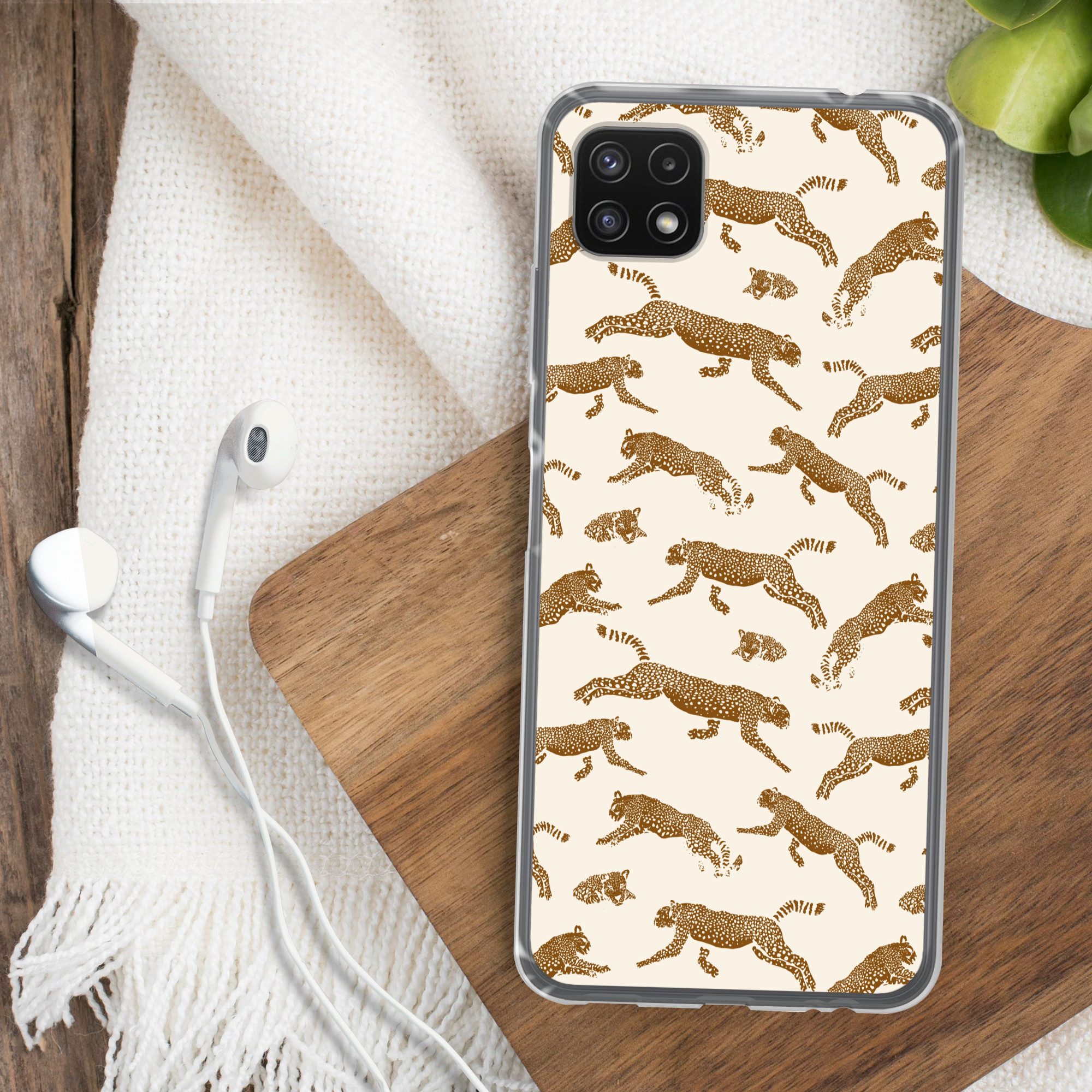MuchoWow Handyhülle für Samsung Galaxy A22 5G Panther - Tiere - Beige - Braun - Muster, Smartphone-Bumper, Print, Handy Schutzhülle Dünn