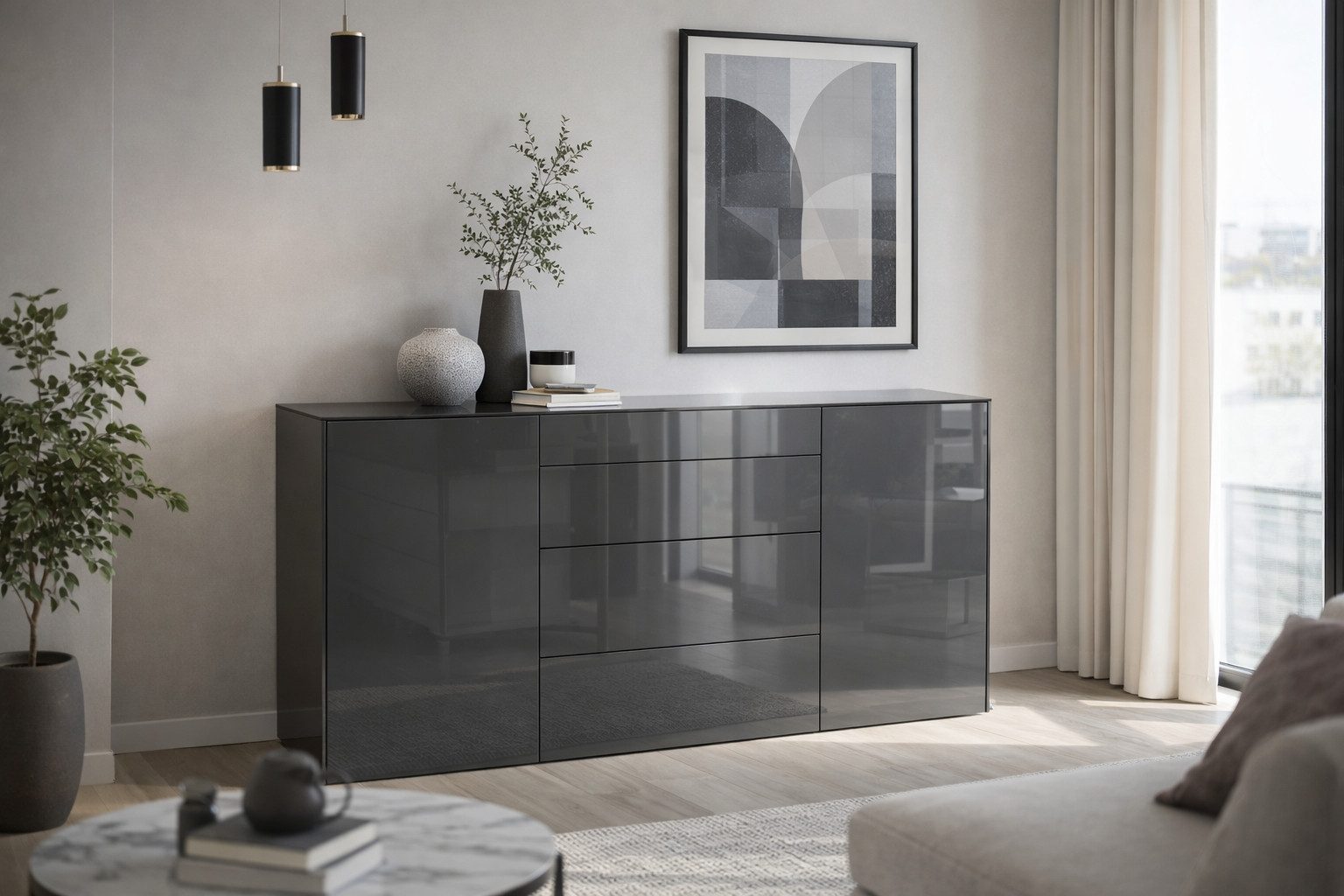 Mäusbacher Kommode, Kommode BHT 179/89/42 cm, Push to open, Front+Oberplatte=Glas