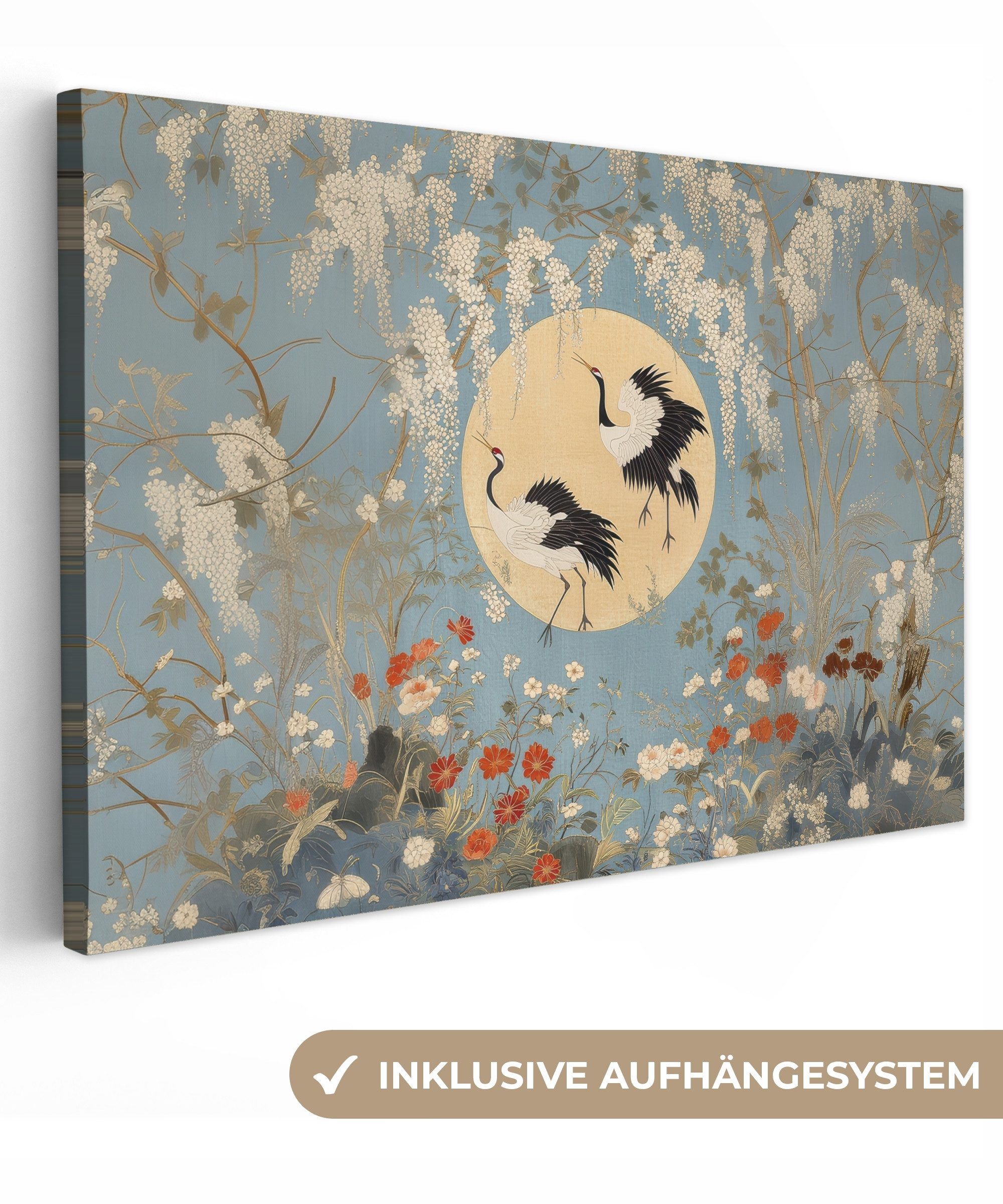 OneMillionCanvasses® Leinwandbild Kraniche - Mond - Blumen - Blau, Fotodruc günstig online kaufen