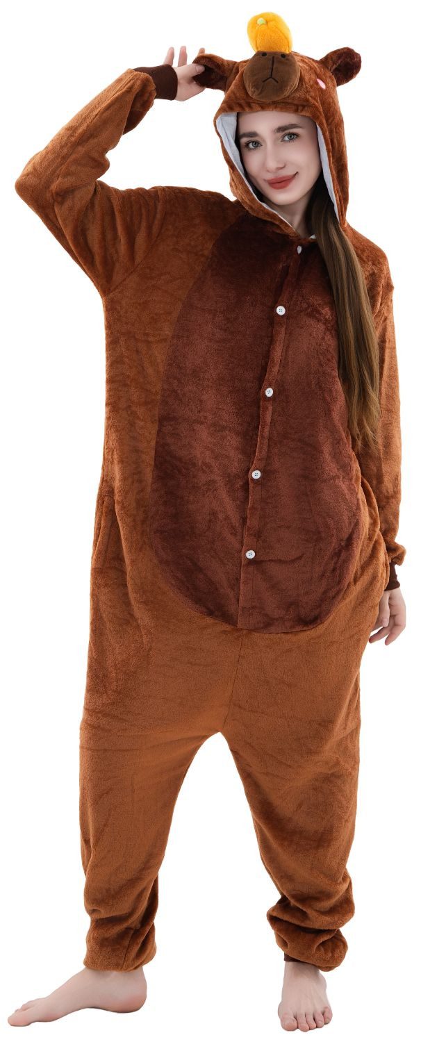 Corimori Partyanzug Onesie Ganzkörper Kostüm für Erwachsene, Kapybara-Kostüm Damen Herren Tier-Kostüme Capybara mit Yuzu,XL