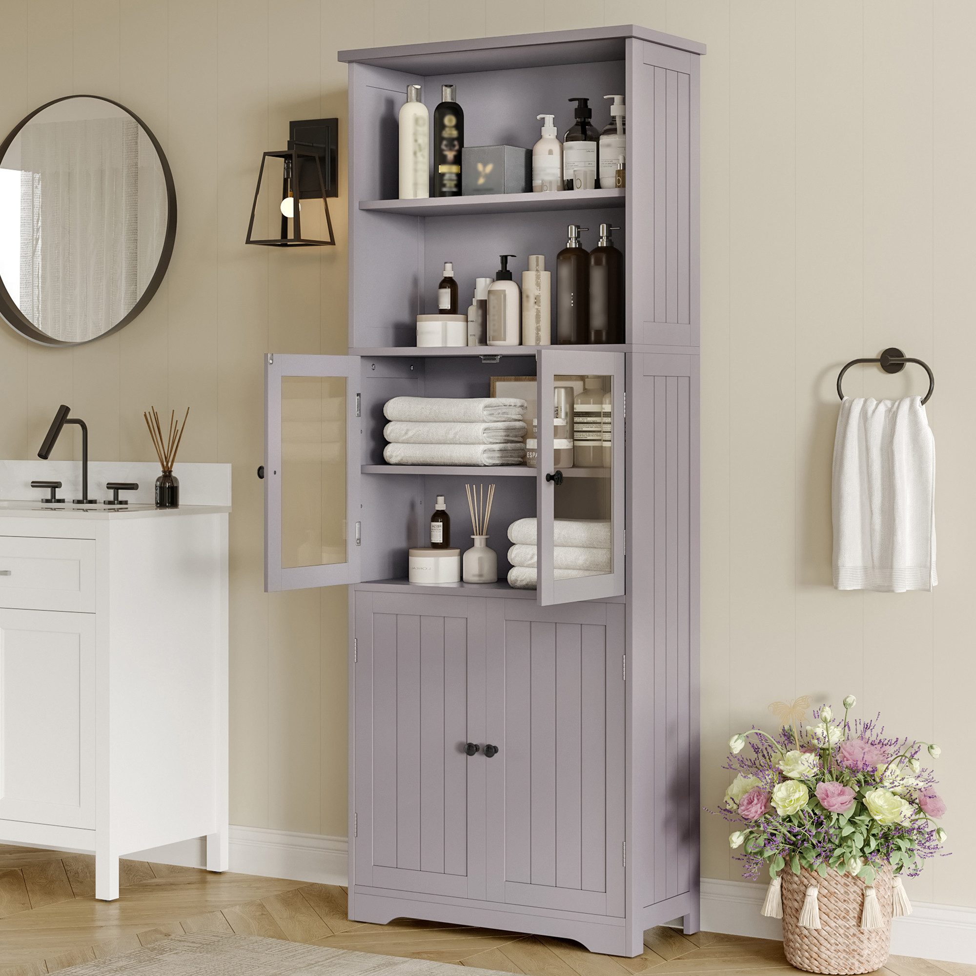 Merax Hochschrank mit Glas- & Holztüren günstig online kaufen