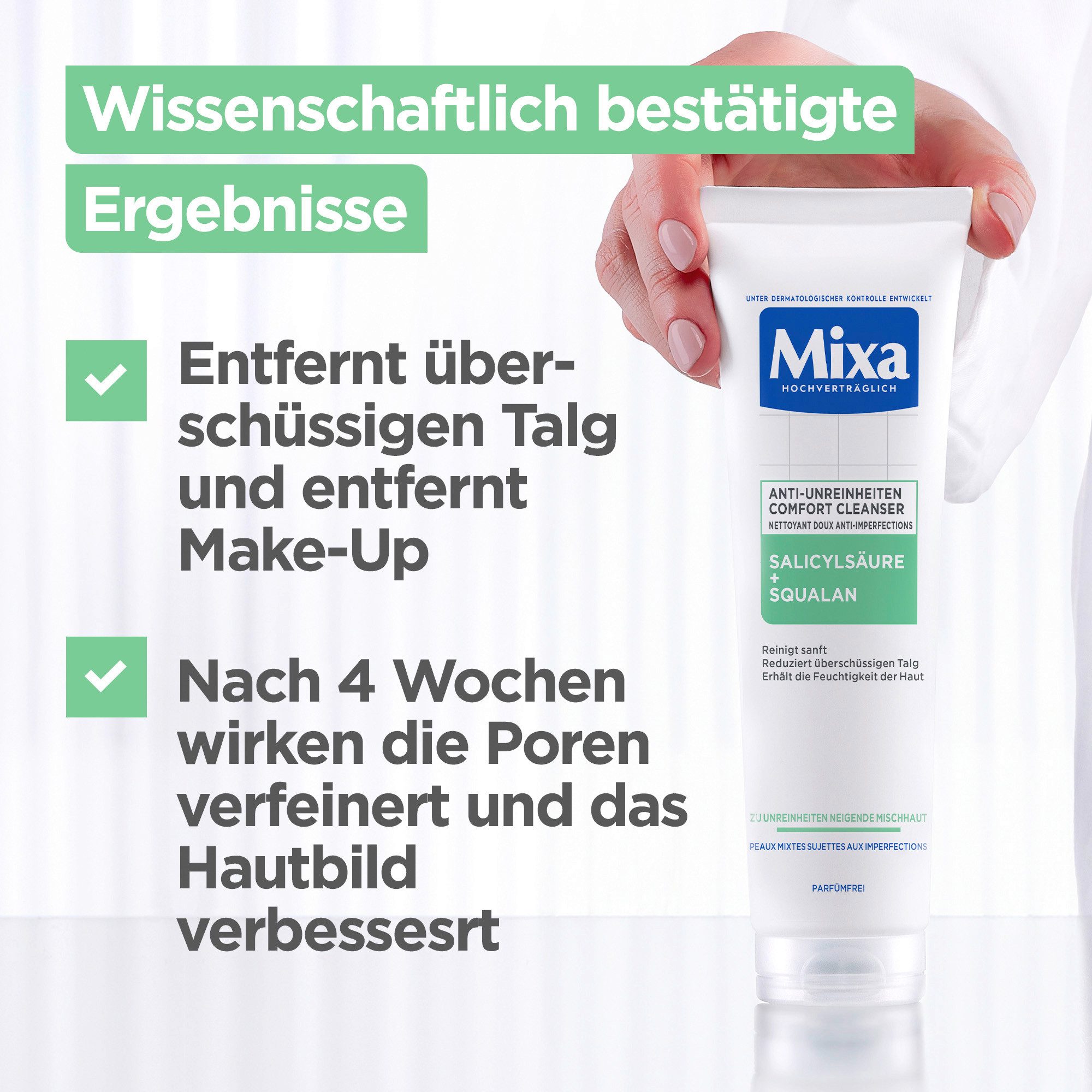 Mixa Gesichtsreinigungsgel MIXA ANTI-UNREINHEITEN COMFORT CLEANSER, entfernt überschüssigen Talg, sanfte Reinigung