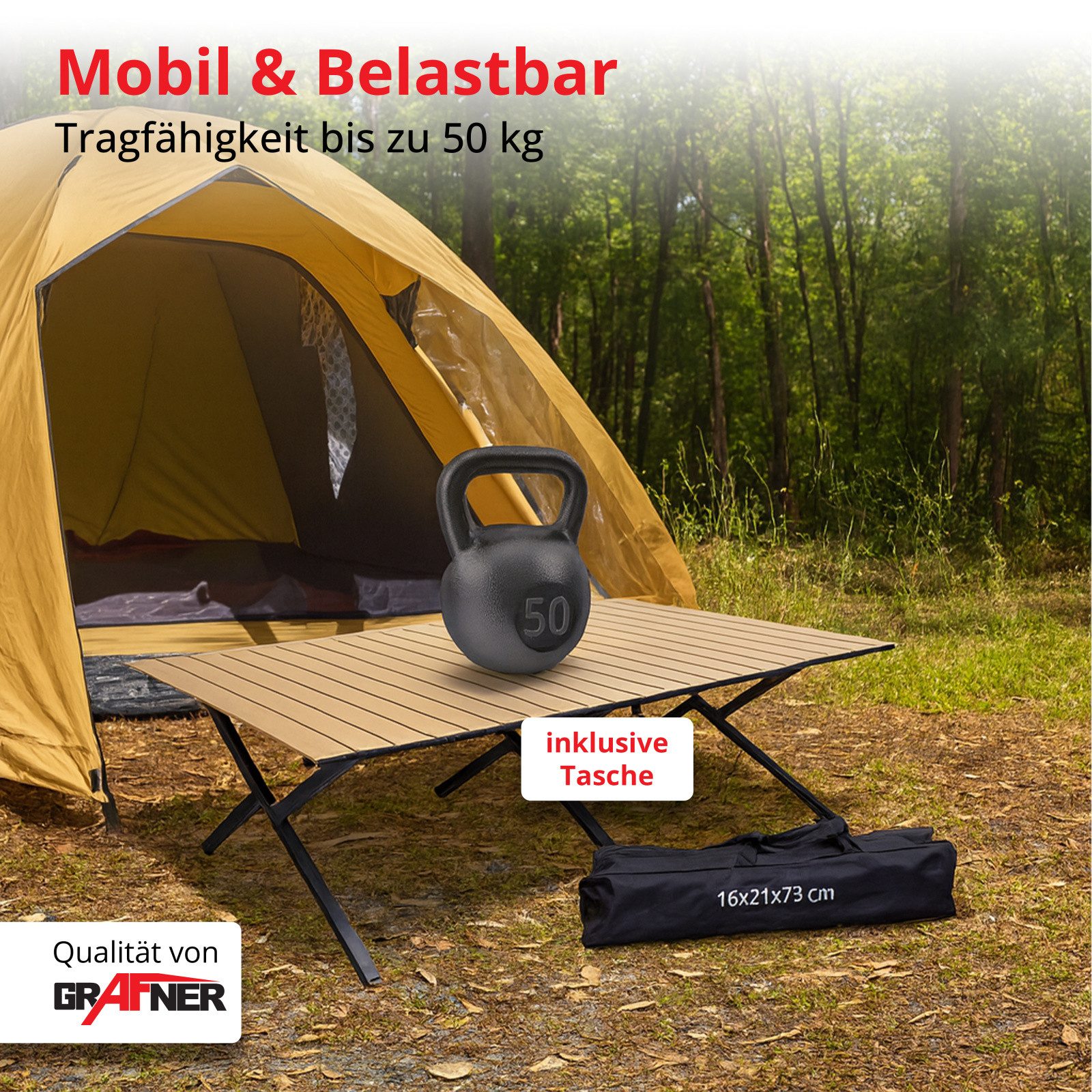 Grafner Campingtisch Rolltisch klappbar Holzoptik 118x58x43 cm inkl. Transporttasche (2-St), Robust, stabil, für bis zu 6 Personen