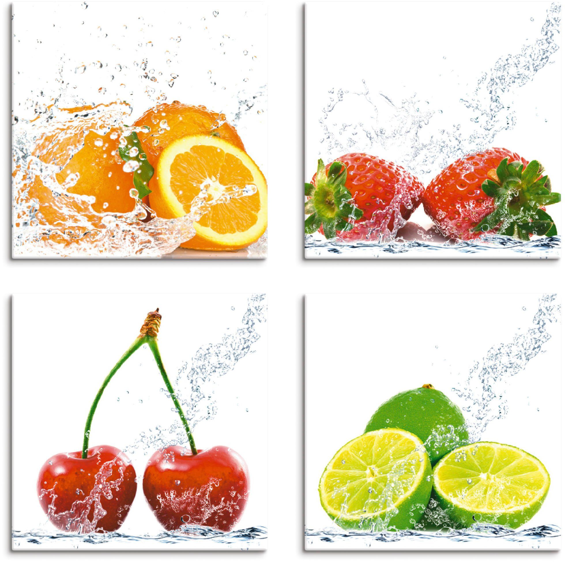 Artland Leinwandbild Früchte mit Spritzwasser, Lebensmittel (4 St), 4er Set, verschiedene Größen