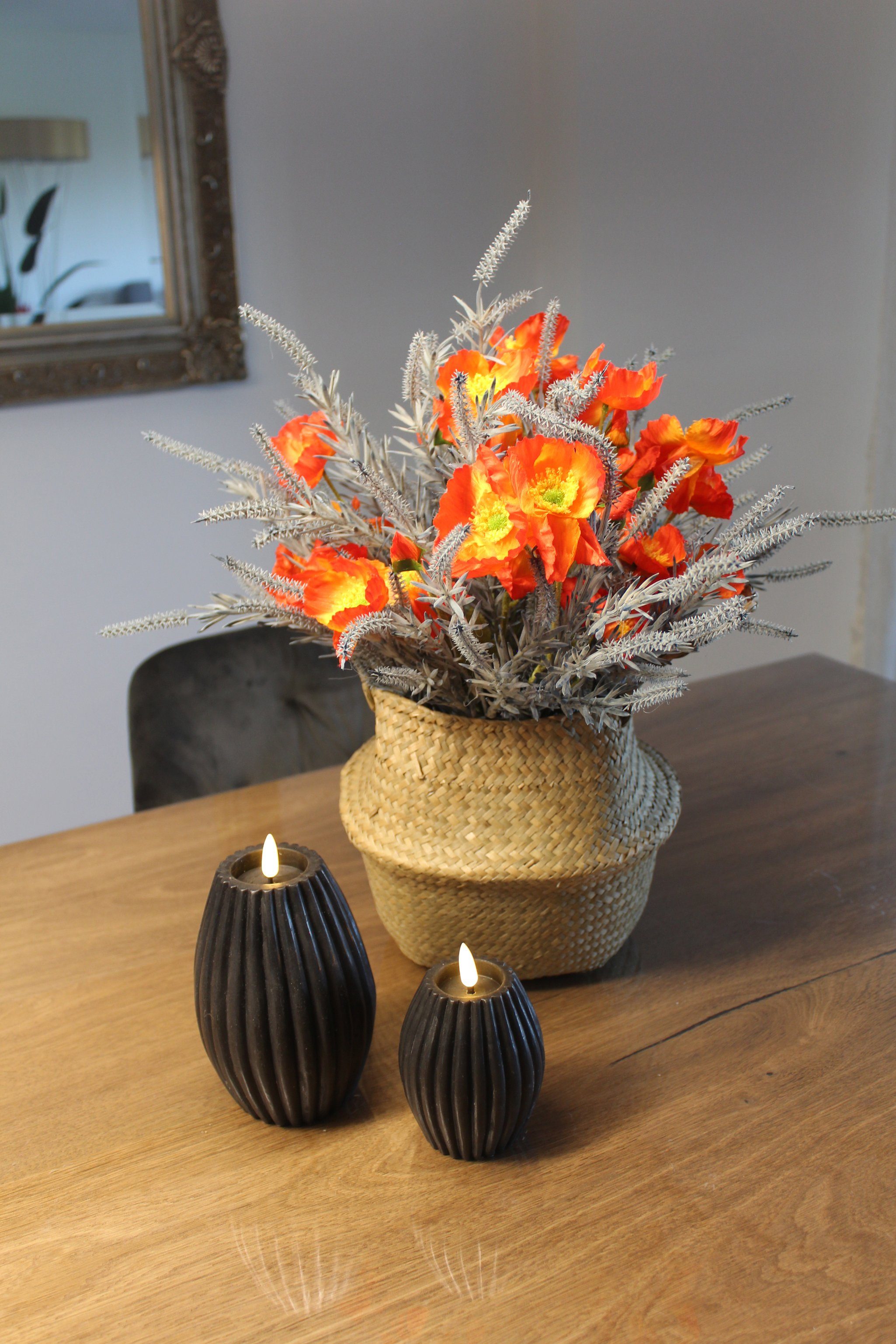 Kunstblumenstrauß Kunstpflanze im Pflaze cm, echt Höhe Blumenstrauß Strauß künstliche wie Korb Kunstpflanze künstlicher Arnusa, 45 Seegras Mohn