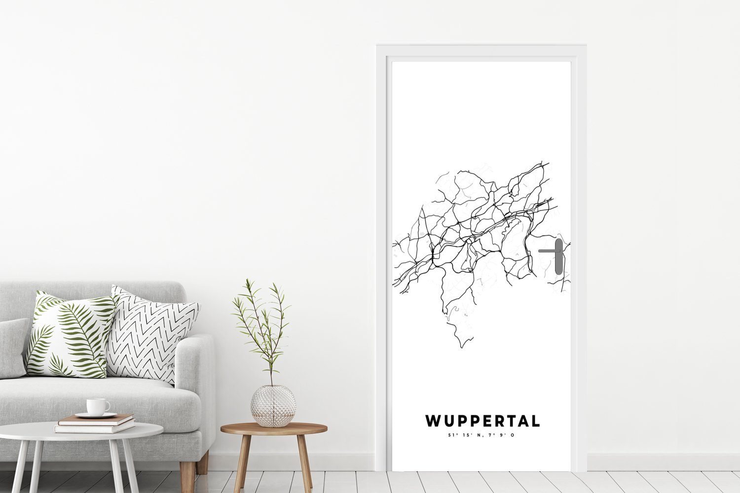 (1 Tür, - - Türtapete Schwarz-Weiß Stadtplan St), - bedruckt, Deutschland für MuchoWow Wuppertal Karte Karte, - cm 75x205 - Türaufkleber, Fototapete Matt,