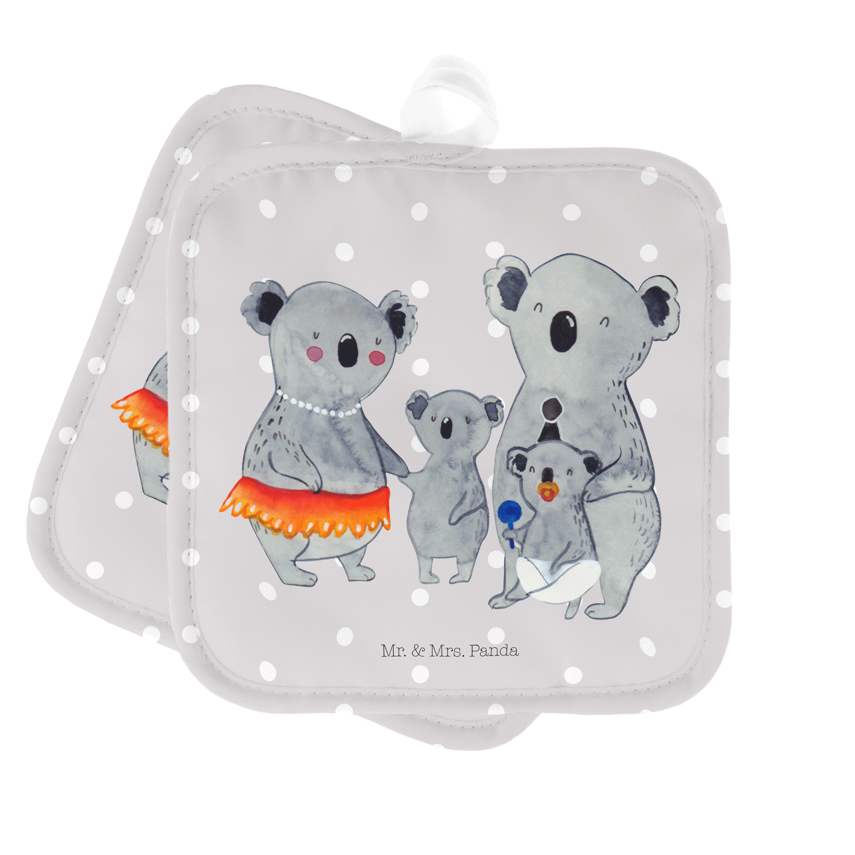 Mr. & Mrs. Panda Topflappen Koala Familie - Grau Pastell - Geschenk, Geschwister, Oma, Topflappen, (1-tlg) | Topflappen