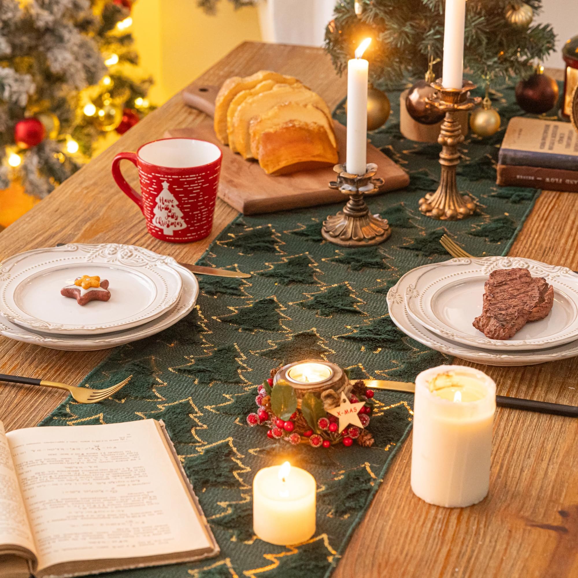 FOUORTUNATE-BEE Tischläufer Weihnachts-Tischläufer mit grünen Tannen & Pail günstig online kaufen