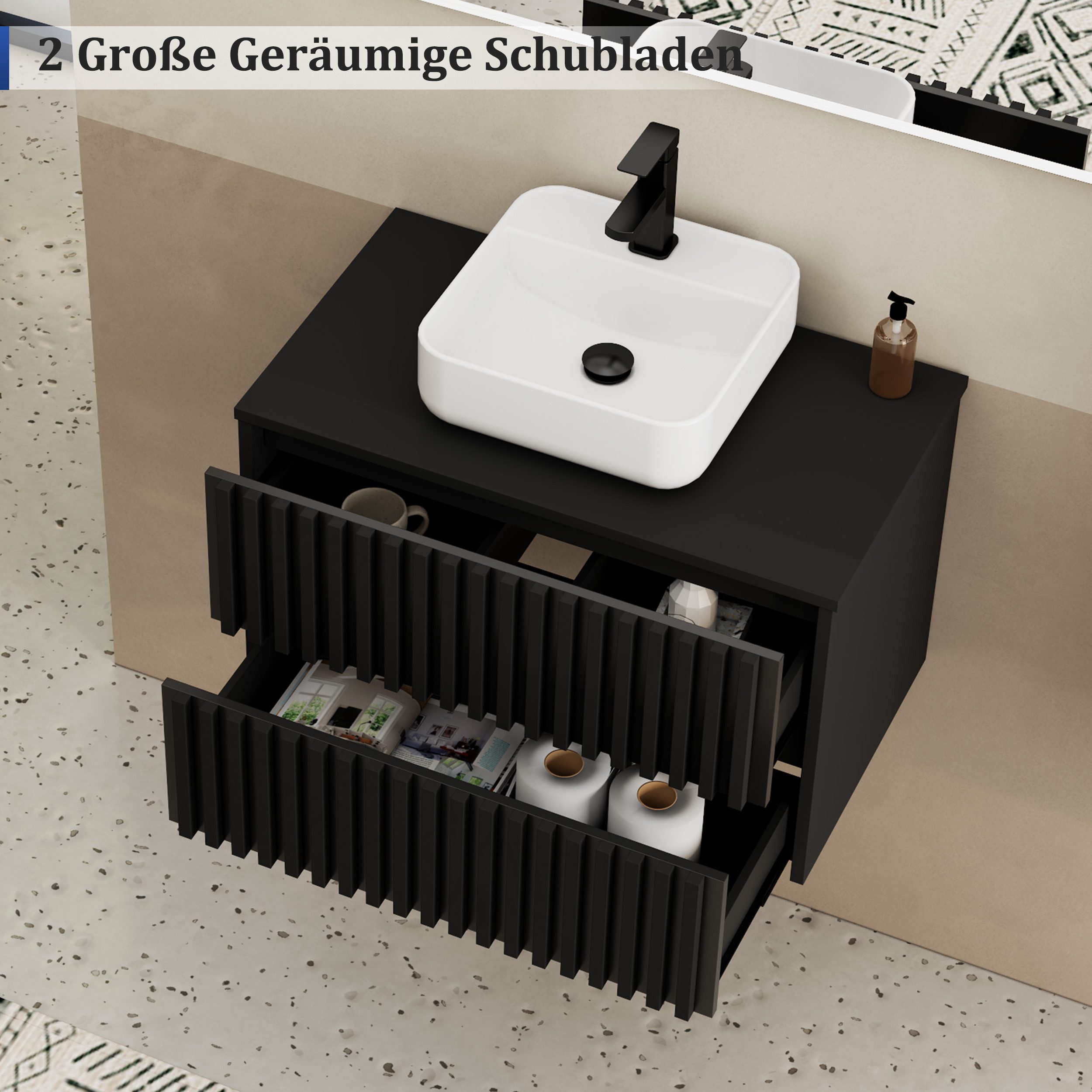UEV Waschtisch mit Unterschrank hängend Rechteckiges Keramikwaschbecken (Komplett-Set Badmöbel, Badezimmmer Schrank, mit Wasserhahn und Pop-up-Ablassventil Aufs – Bild 5 von 5