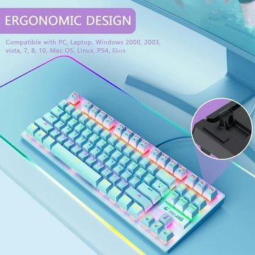 ZIYOU LANG Blaues Wired Gaming TKL 80% QWERTY Layout Tastatur- und Maus-Set, Kompakt 87 Tasten, Klickbarer Blauer Schalter, Regenbogen-LED-Backlit