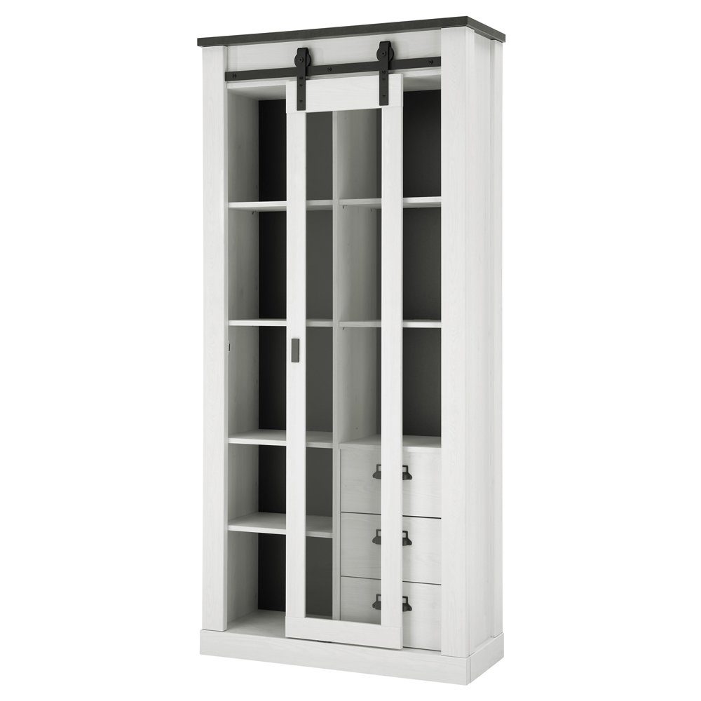 Lomadox Vitrine SHELTON-61 nschrank in Pinie weiß Nb. mit anthrazit, B/H/T: ca. 93/201/38 cm