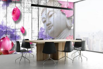 wandmotiv24 Fototapete Holz Blüten Buddha Violett, glatt, Wandtapete, Motivtapete, matt, Vliestapete