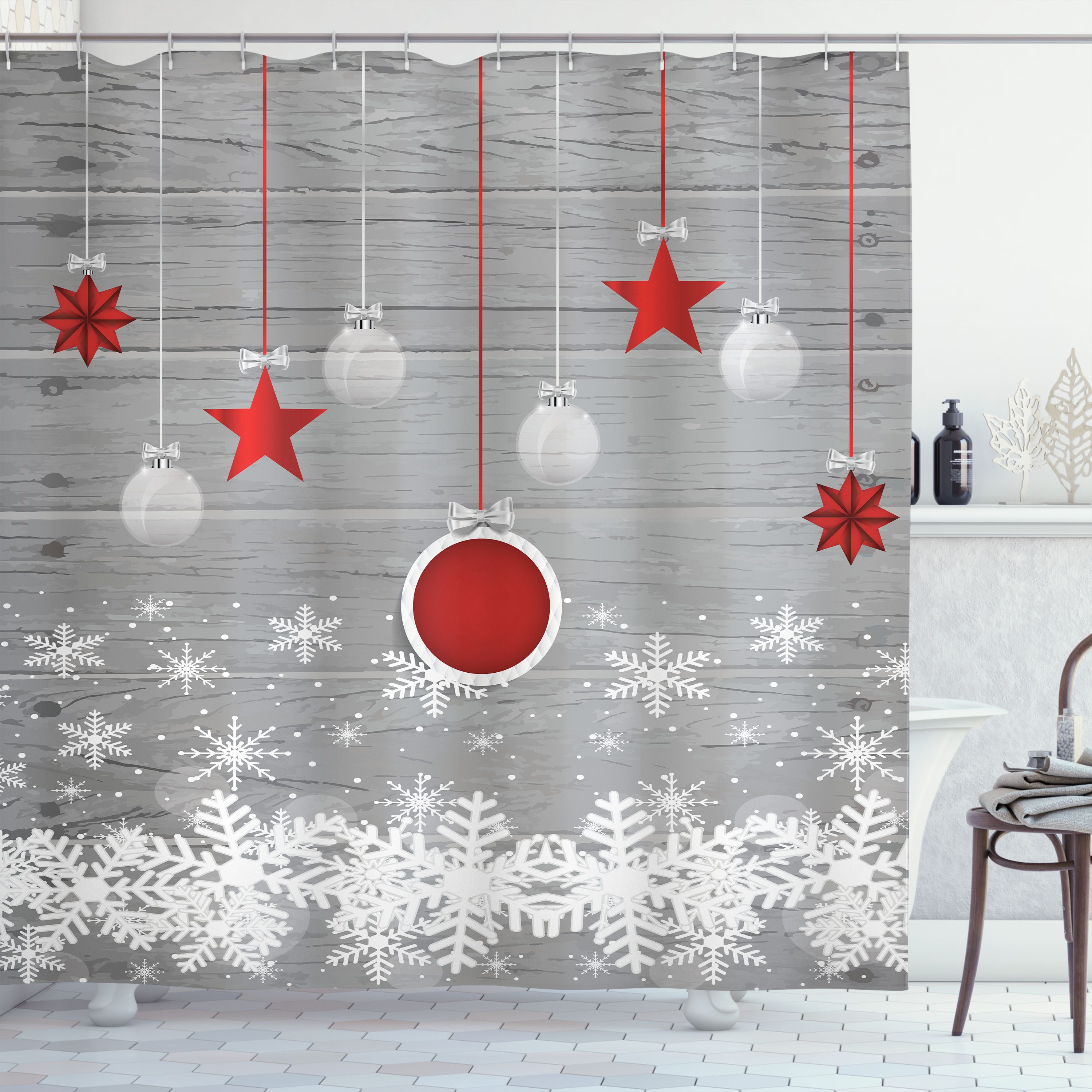Abakuhaus Duschvorhang Moderner Digitaldruck mit 12 Haken auf Stoff Wasser Resistent Breite 175 cm, Höhe 180 cm, Weihnachten Sterne-Flitter Schnee