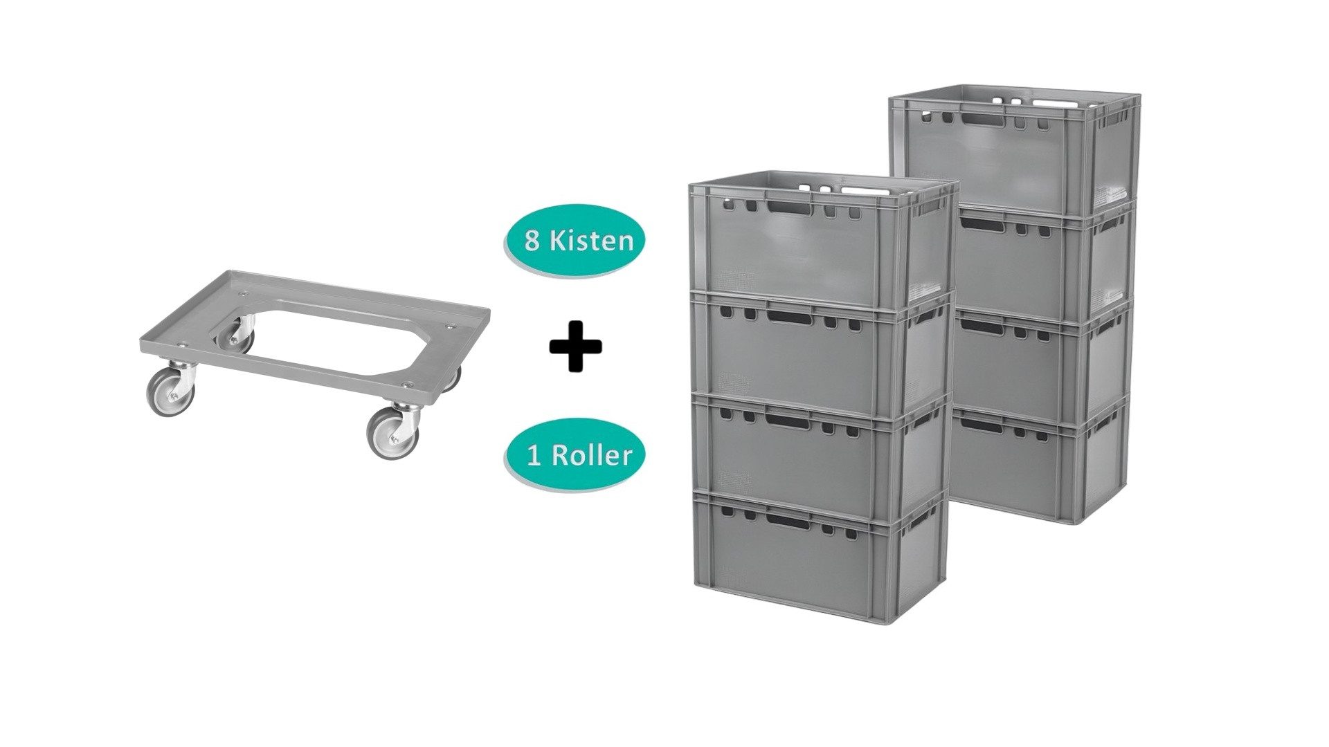 Logiplast Transportbehälter 8 Stück E3-Kasten grau + 1 Transportroller mit vier Lenkrollen grau