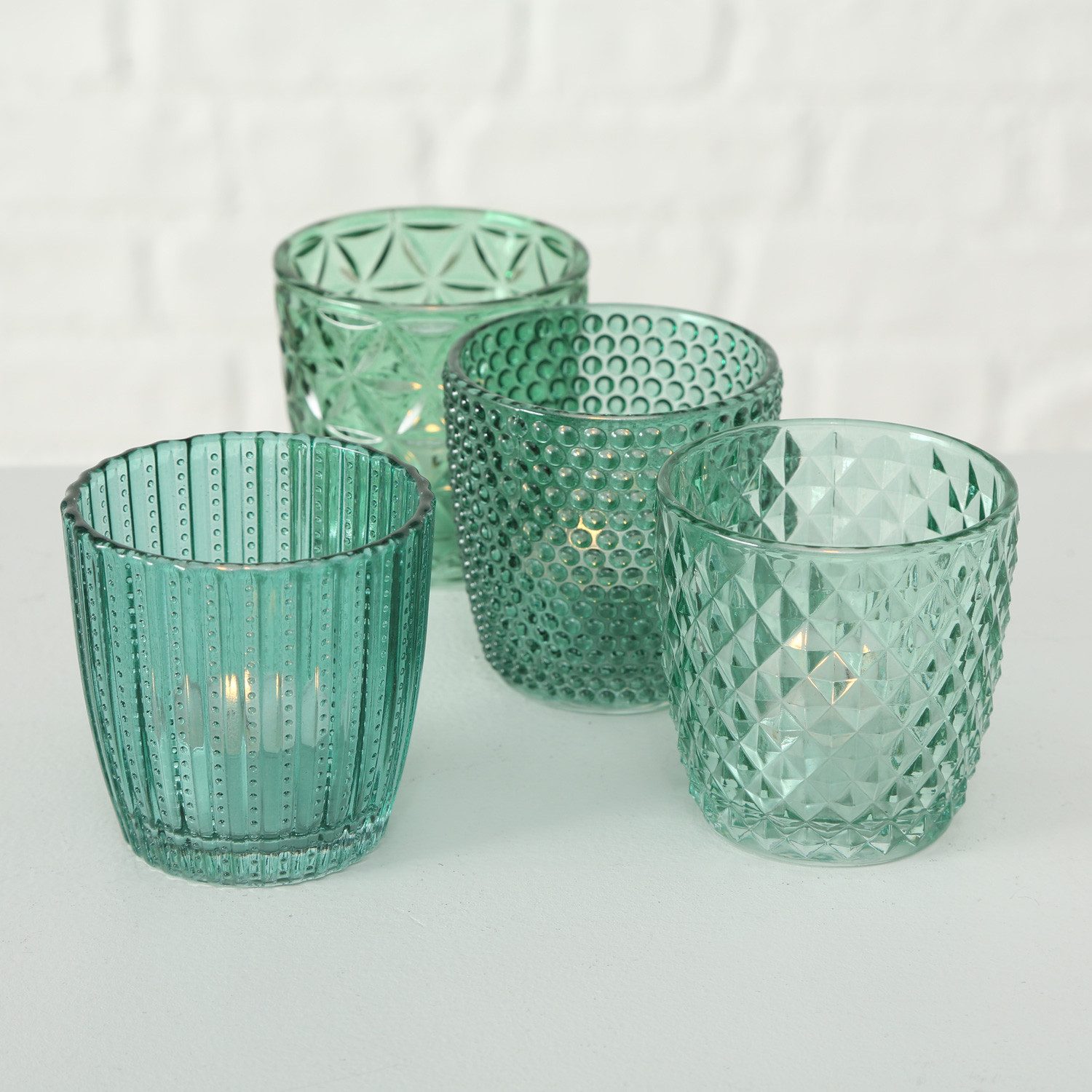 LS-LebenStil Teelichthalter 4´er Set Teelichtgläser Retro Petrol 7cm Glas Windlicht (4´er Set Kristall Ornament Windlicht für Teelichter, 4 St., Halter Kerzenständer Tischdeko Kerzenhalter Gläser für Teelichter), 7x7cm, 4´er Set Kristall Ornament Windlicht für Teelichter