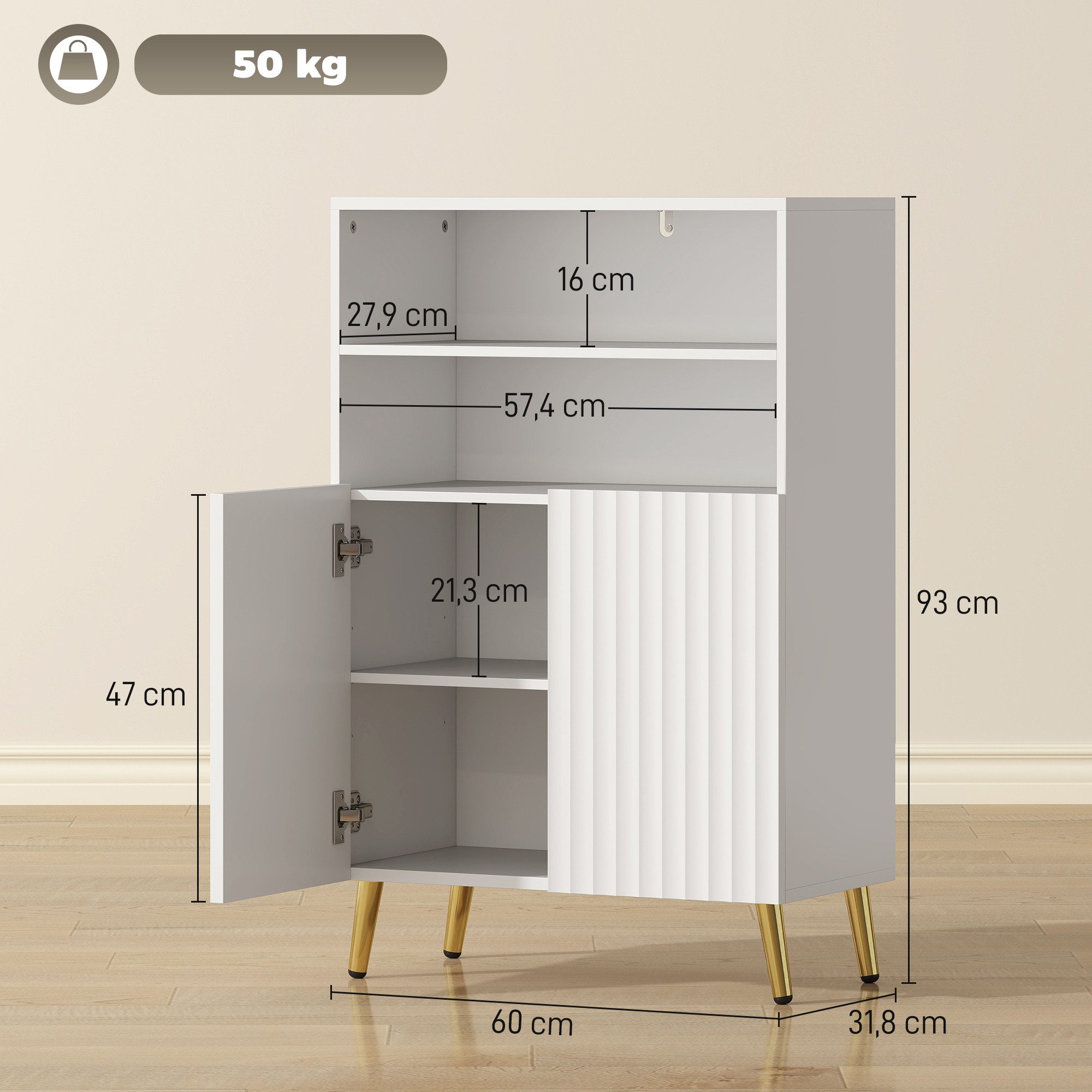 HOMCOM Badkommode Badezimmerschrank mit 2 Soft-Close-Türen, Verstellbaren Ablagen (Badschrank, 1 St., Aufbewahrungsschrank), für Badezimmer, Wohnzimmer, Weiß – Bild 3 von 5