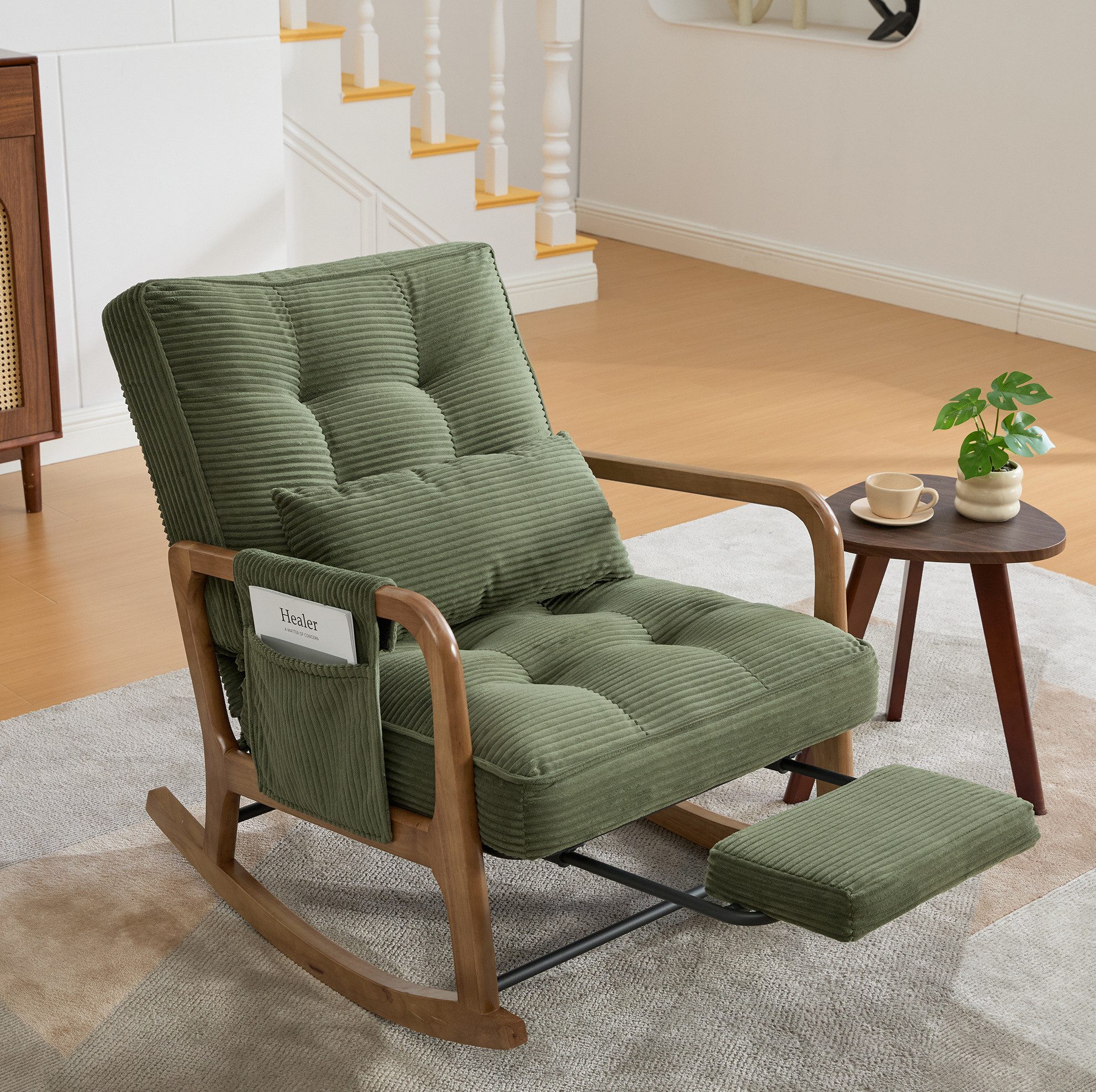 OKWISH Loungesessel Schaukelstuhl (mit verstellbarer Lehne, Fußstütze und praktischen Seitentaschen), Relaxsessel Polstersessel