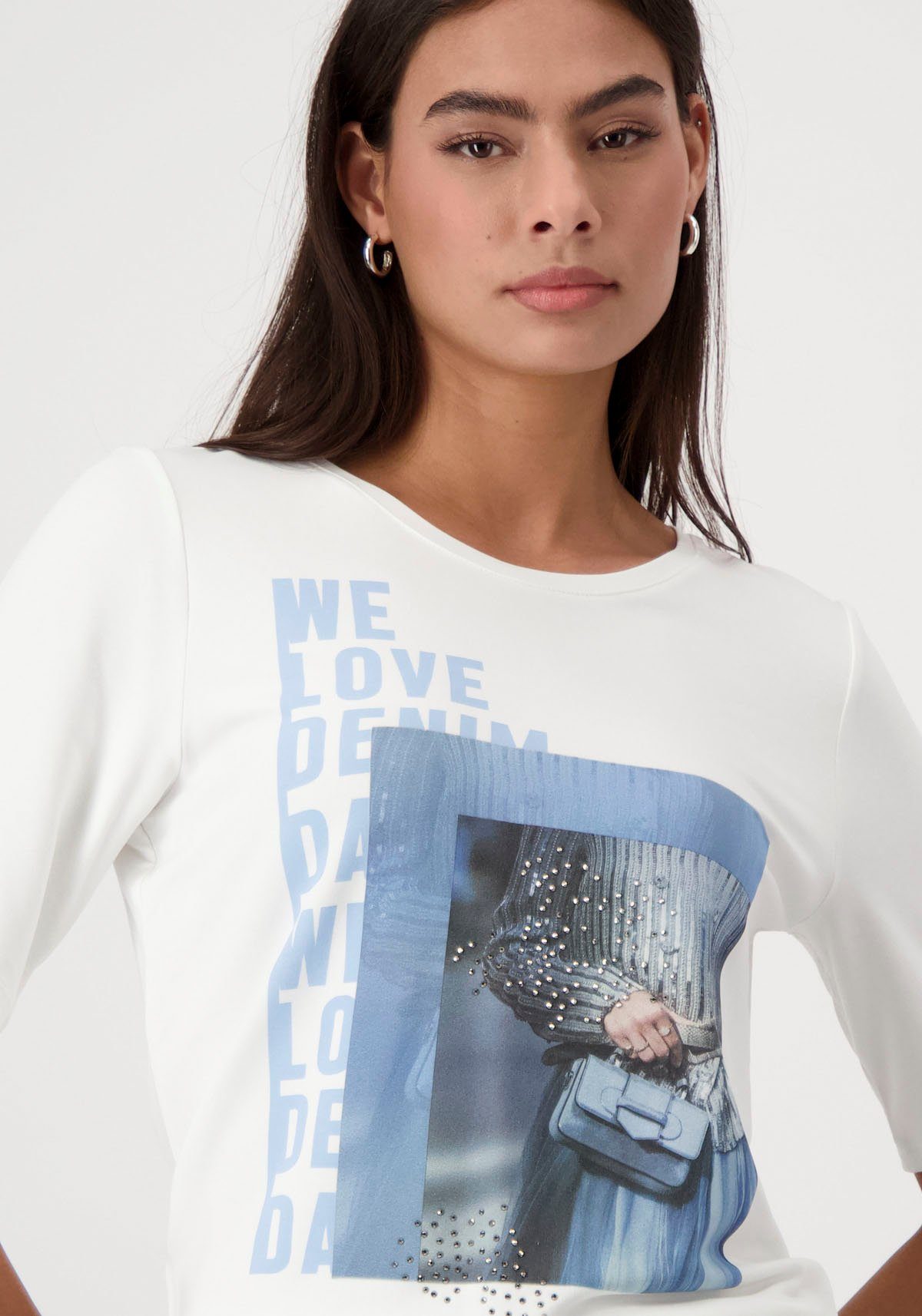 Monari Rundhalsshirt mit Frontprint, Shirt mit Fotoprint und Glitzernieten  von Monari