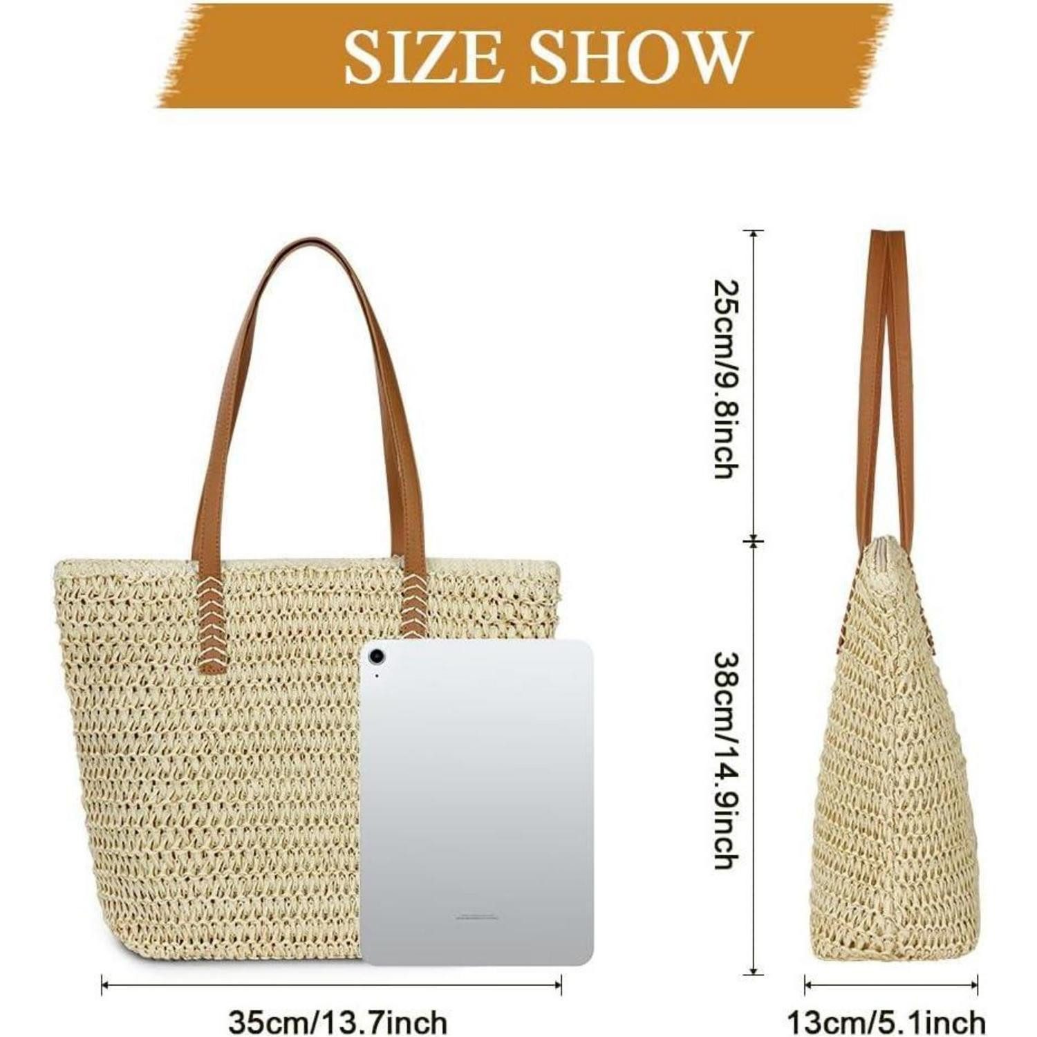 LuxusKollektion Strandtasche Strohtasche Damen groß, Stroh Handtasche mit Reißverschluss und