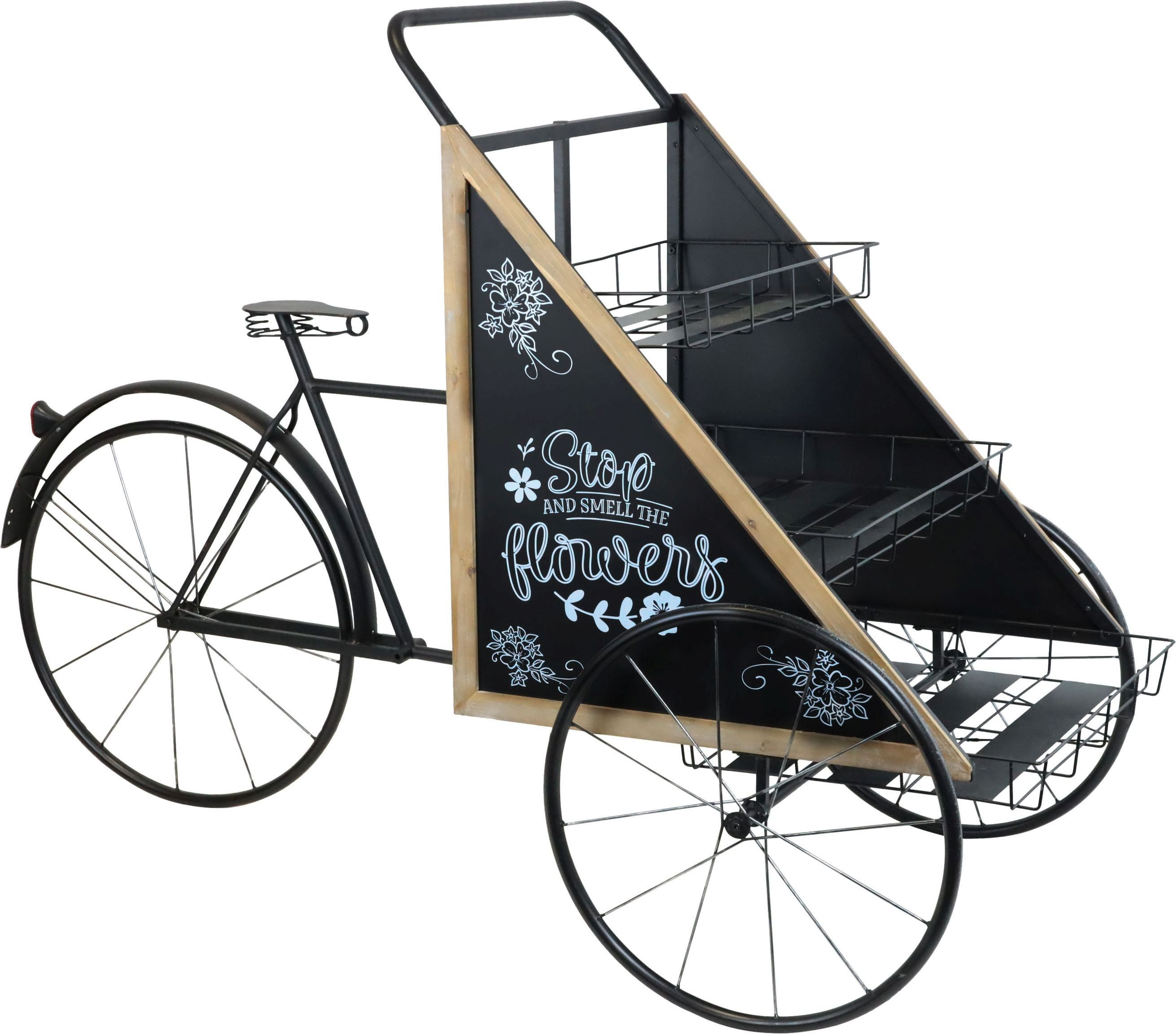 FURNARO Blumenständer, Blumenfahrrad mit Ablagen und Dekotafel Schriftzug 175x80x114cm