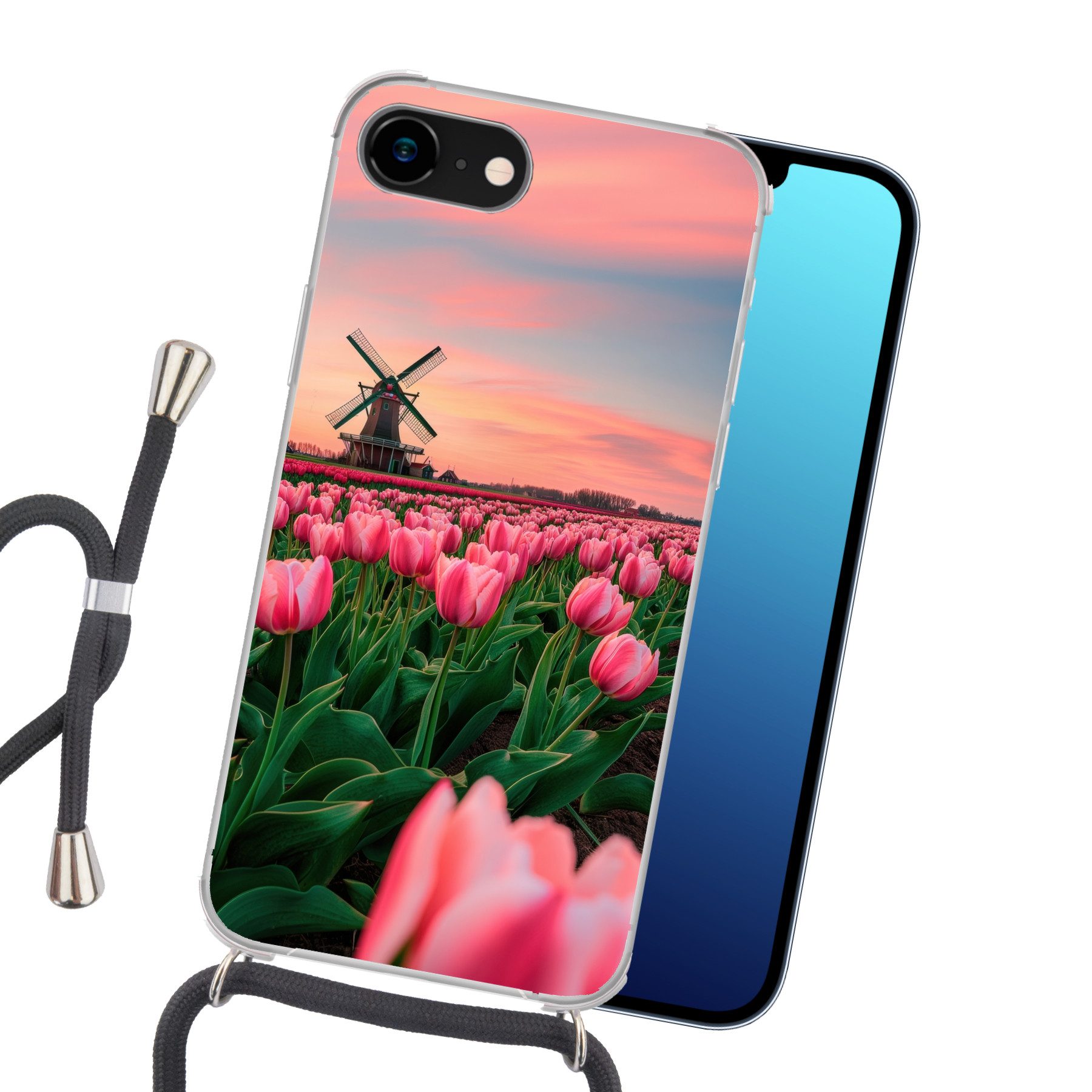 MuchoWow Handyhülle für Apple iPhone 8 Tulpen - Mühle - Niederlande, Tragbare Handyhüllen mit Kette zum umhängen, Handykette Handyband