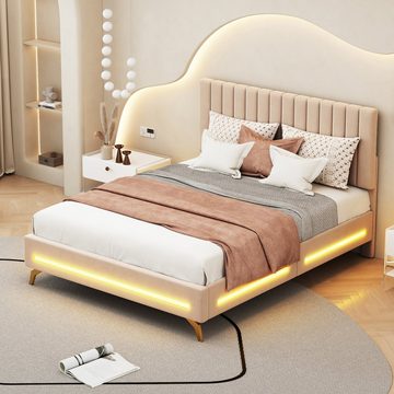 REDOM Polsterbett Doppelbett mit LED-Leuchten und Lattenrost, Samtstoff (mit verstellbarem Kopfteil 140 x 200 cm), ohne Matratze