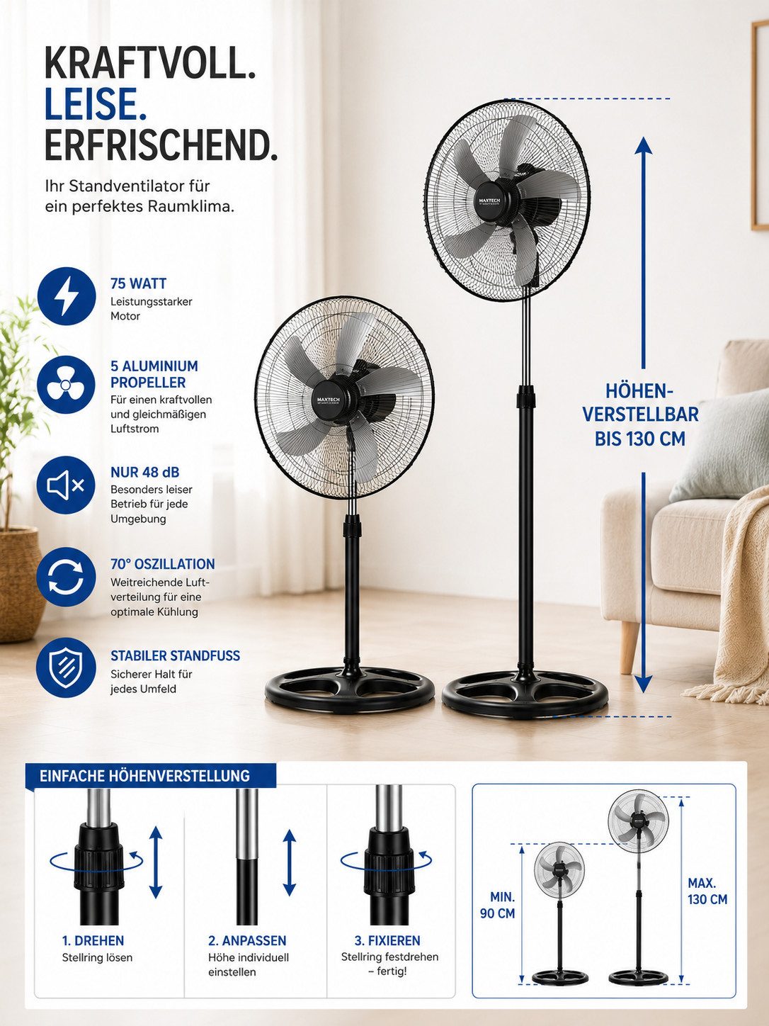 Ertex Standventilator Standventilator Ventilator Kühler 100W Standventilator 130cm STARK