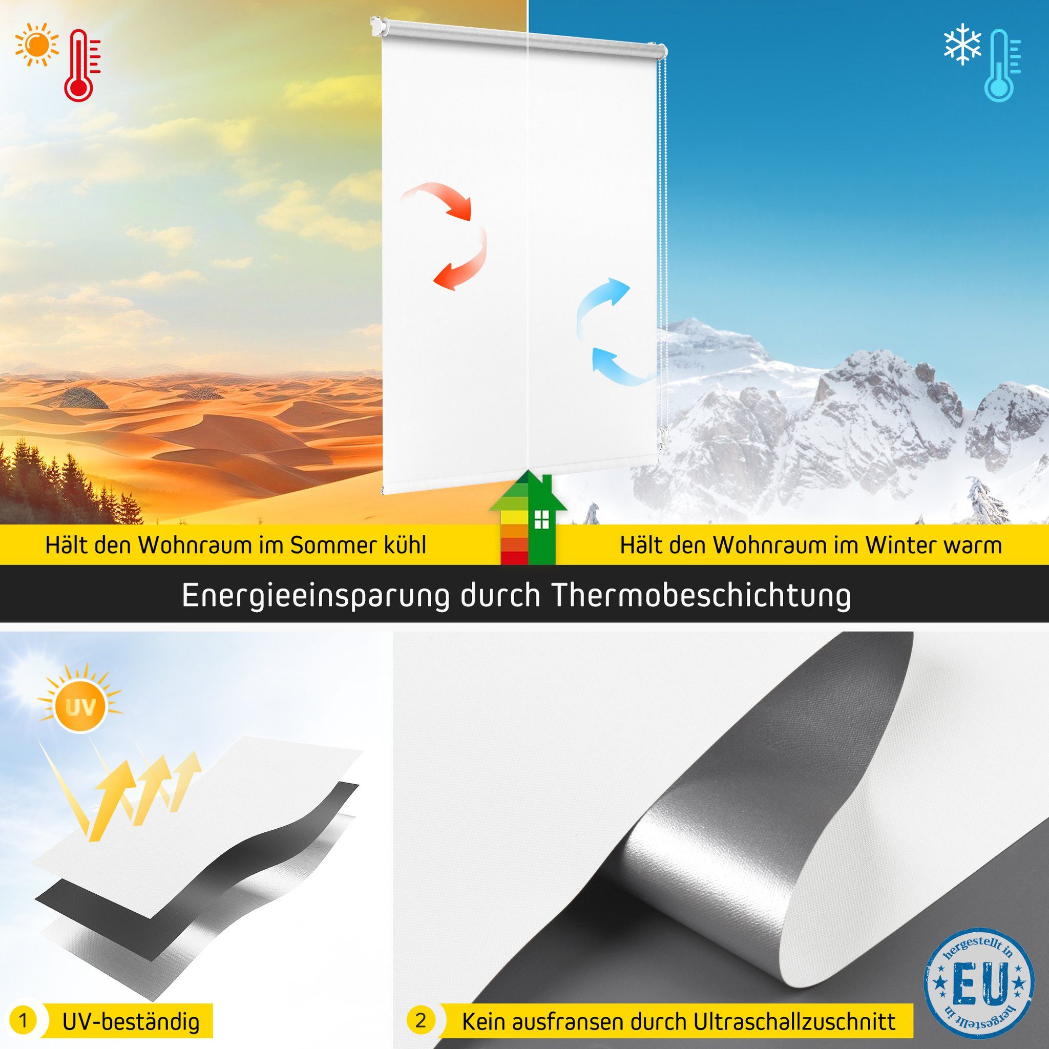Verdunklungsrollo Thermorollo, 30 x 120 cm, weiß [Stoffbreite 26,6 cm], jalousiescout, verdunkelnd, ohne Bohren, freihängend, Klemmfix, Thermo-Rollo Vollverdunkelnd Thermo-Beschichtung, energiesparend