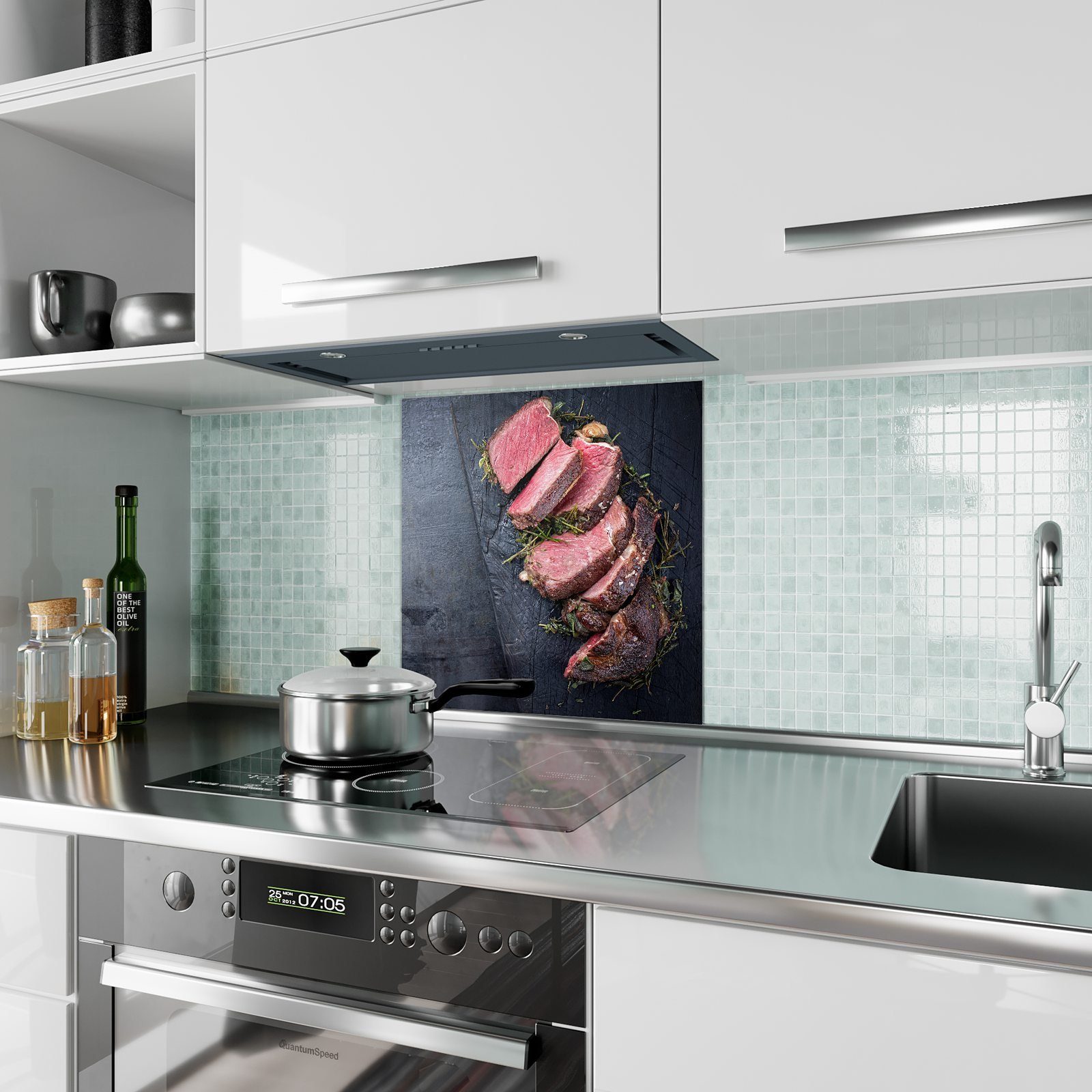 mit Küchenrückwand Glas Küchenrückwand Spritzschutz Roastbeef Rosa Primedeco Motiv