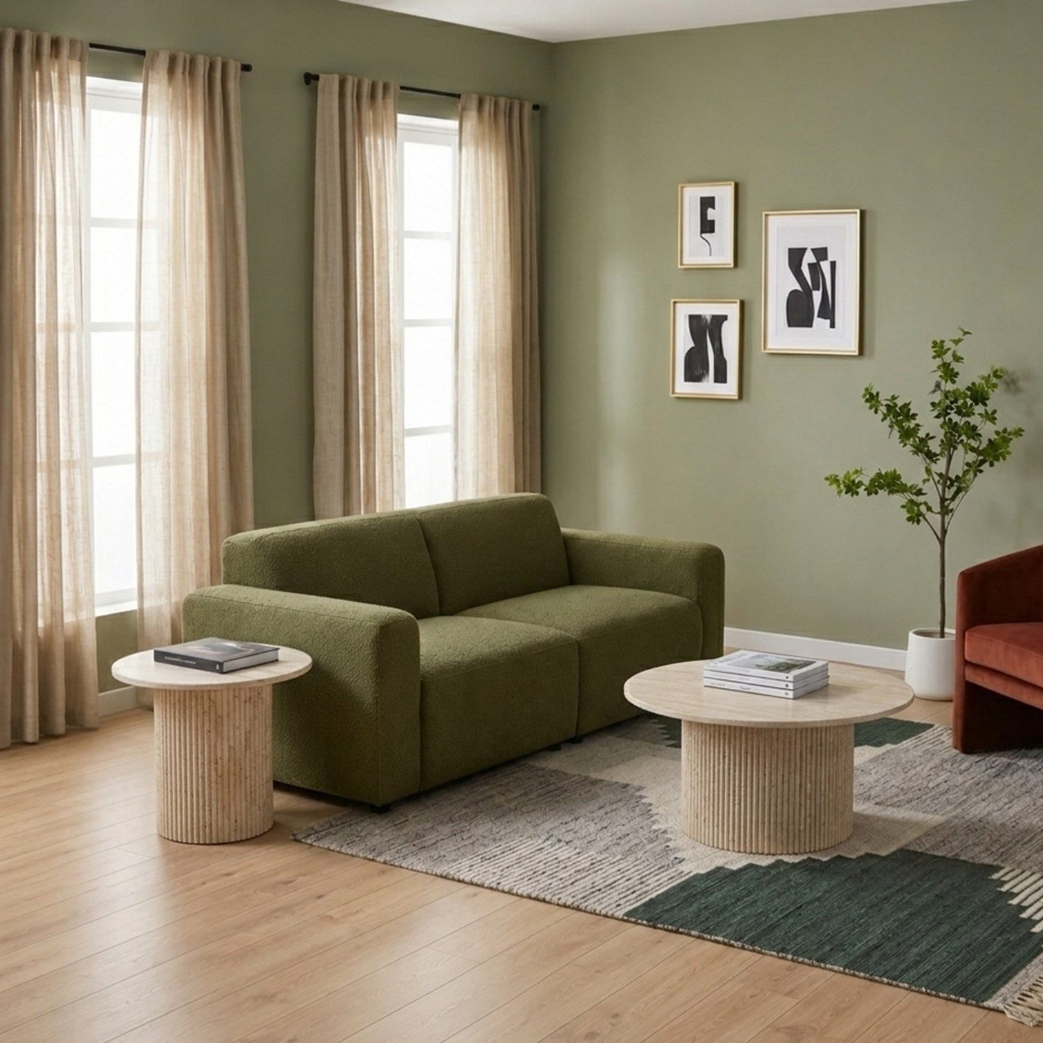 HOOZ Couchtisch Wohnzimmertisch Keramik rund 2er Set Trommel Traventin Optik 80 & 60cm (Set, 2-St., 2× Satztisch), Sofatisch mit geriffeltem Gestell – stabil &  – Bild 5 von 5