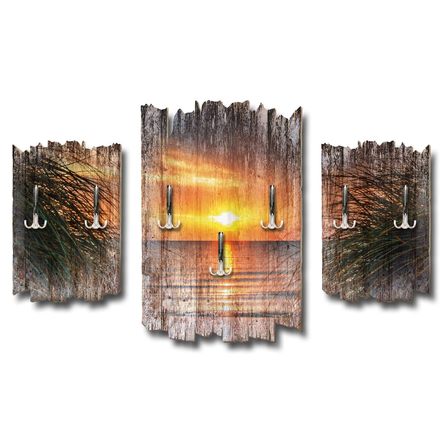 Kreative Feder Wandgarderobe Sonnenuntergang Meer, Dreiteilige Wandgarderobe, Holz, Wandbild, Wanddeko, Garderobe, Kleiderhaken, Natur, Landschaft