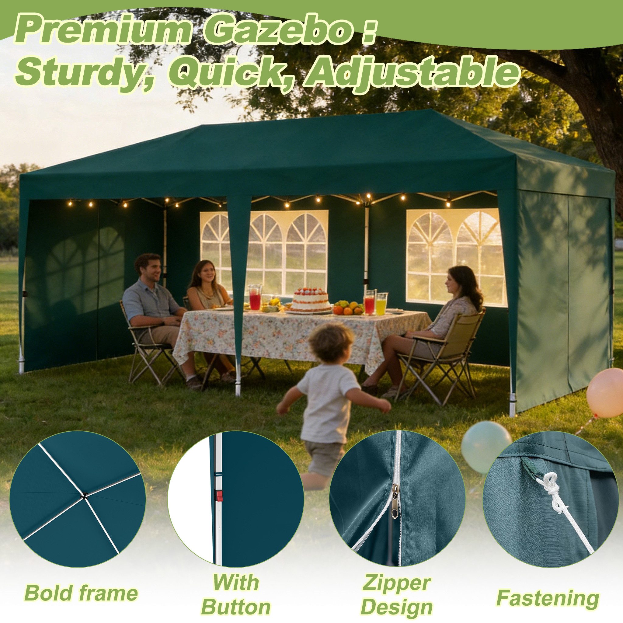 FIVMEN Partyzelt 3x6m Faltpavillon mit 6 Seitenwände Höhenverstellbar Gartenpavillon, Ideal für Gartenfeste & Feiern, Einfach aufbauen