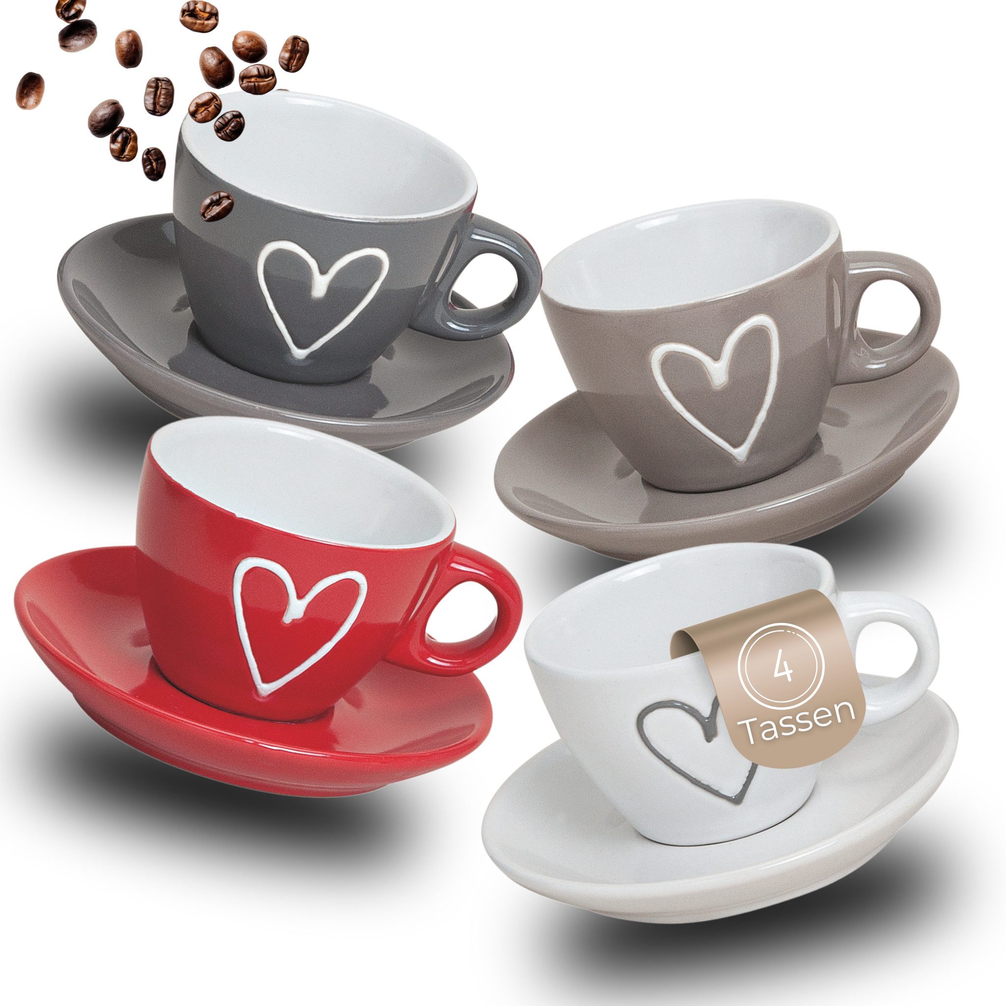 matches21 HOME & HOBBY Tasse Espresso-Tassen Herz-Dekor 4er Set dickwandige Keramik, 50 ml, 4-tlg., Keramik, Kleine Vintage Henkel Mokka Kaffee-Tassen mit Untertassen