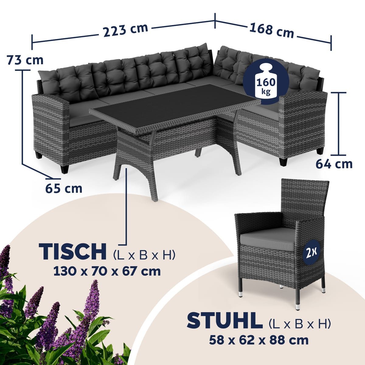 Casaria Gartenlounge-Set Lissabon, (17-tlg), Polyrattan WPC Esstisch Eckbank Gartenstühle 15cm Kissen 7cm Auflagen