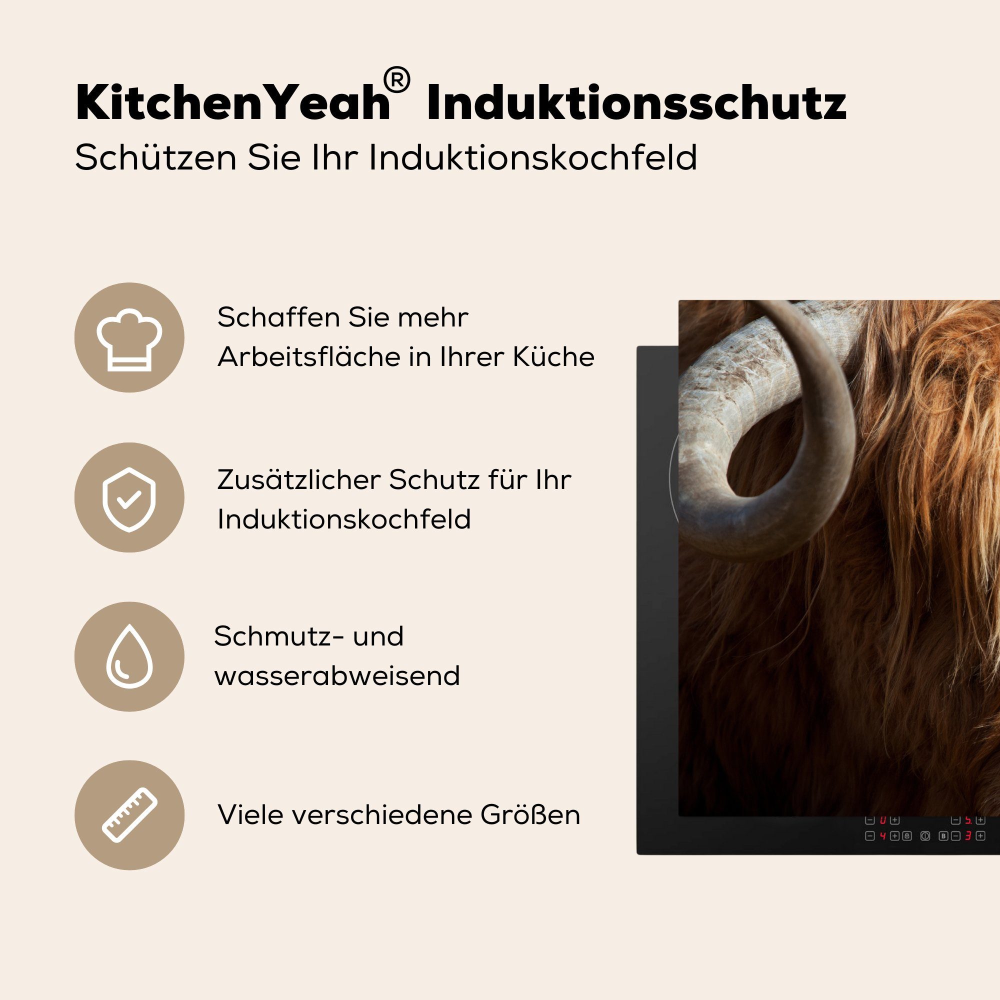 MuchoWow Herdblende-/Abdeckplatte Schottischer Highlander-Bulle - cm, Vinyl, Kuhkopf, (1 für - 59x52 Induktionsmatte Nahaufnahme tlg), die Ceranfeldabdeckung küche