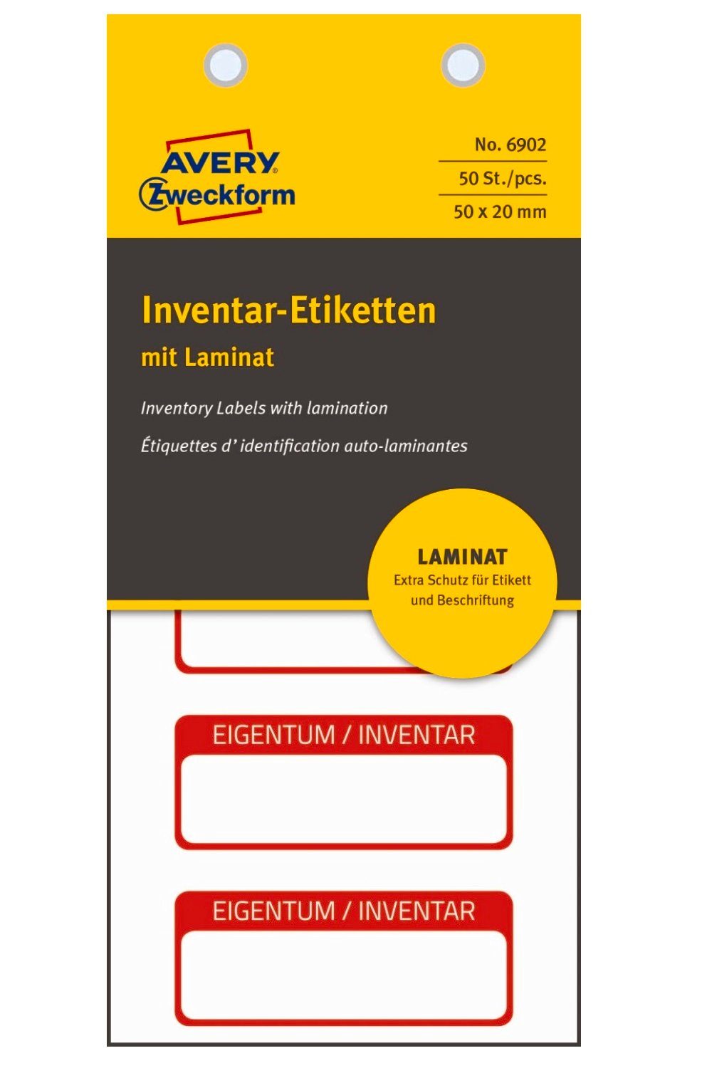 Avery Zweckform Etiketten Eigentums-Etiketten Inventar-Etiketten, 50x20mm 50 Stück Aufkleber auf Block, Mit Laminat geschützt