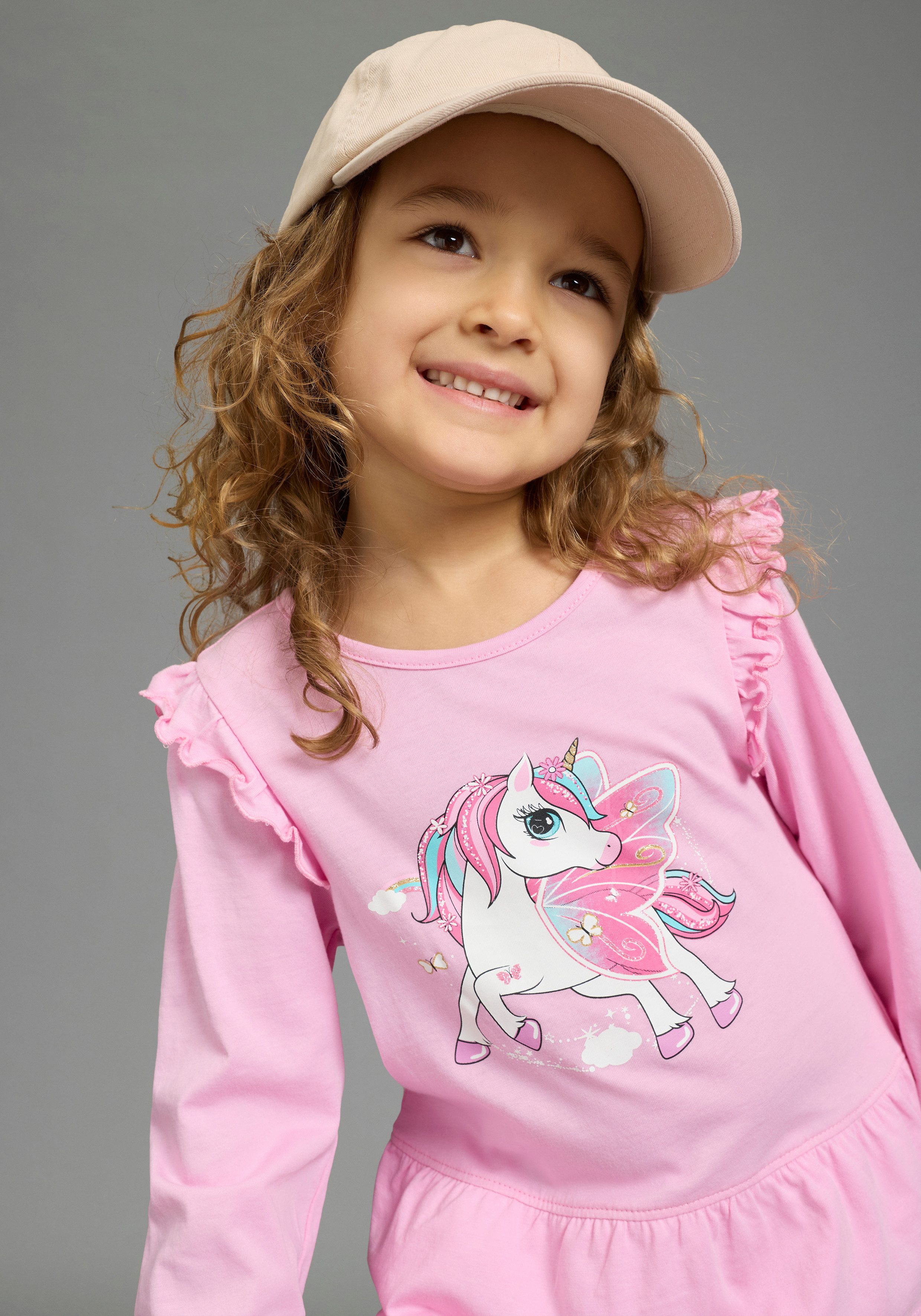 KIDSWORLD Jerseykleid Süßes Shirtkleide mit Einhorn-Druck für Mädchen, aus Single Jersey aus Baumwolle