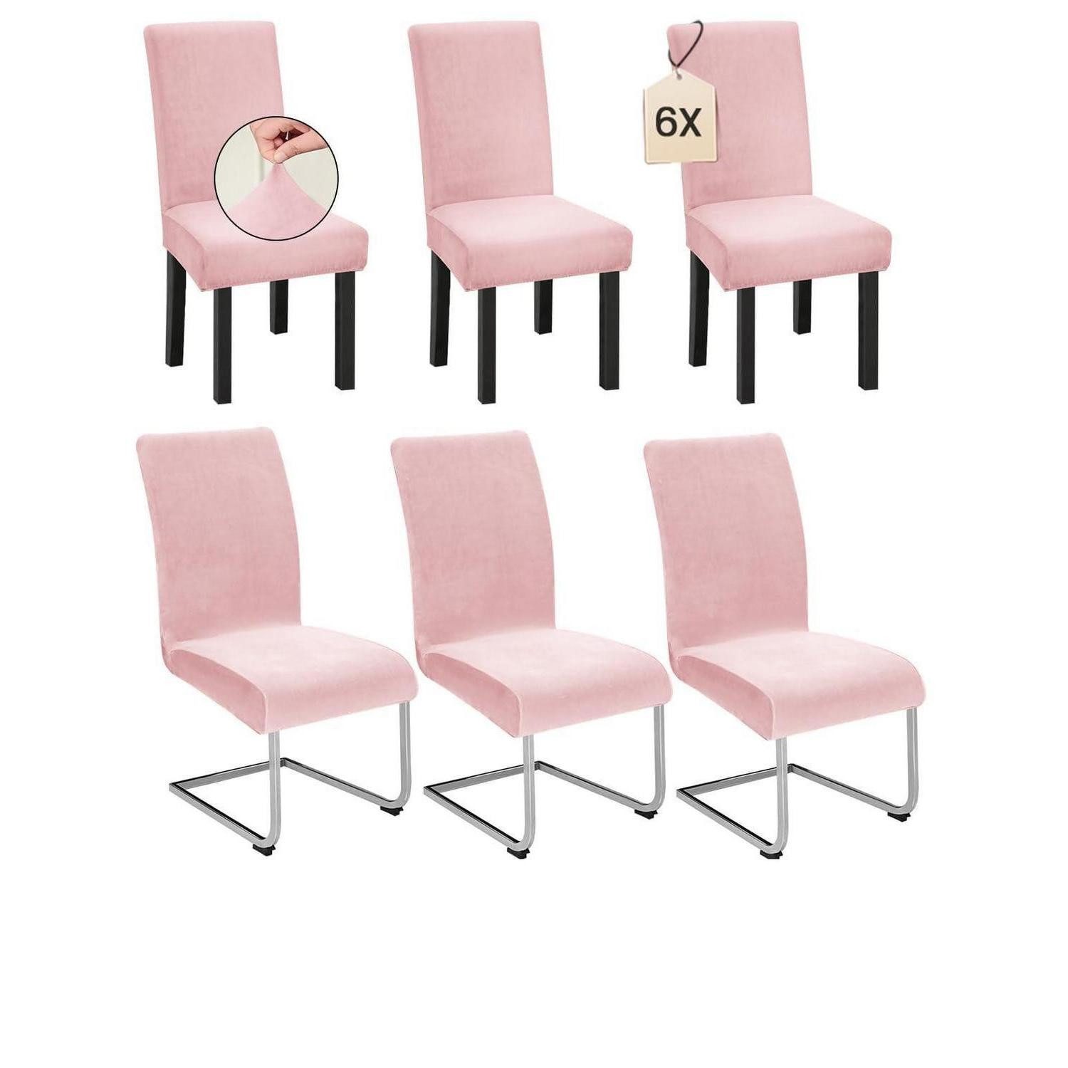 LuxusKollektion Stuhlhusse Stuhlhussen Schwingstuhl Stretch Samt Waschbar Elastisch 6er Set Rosa, Stuhlbezug