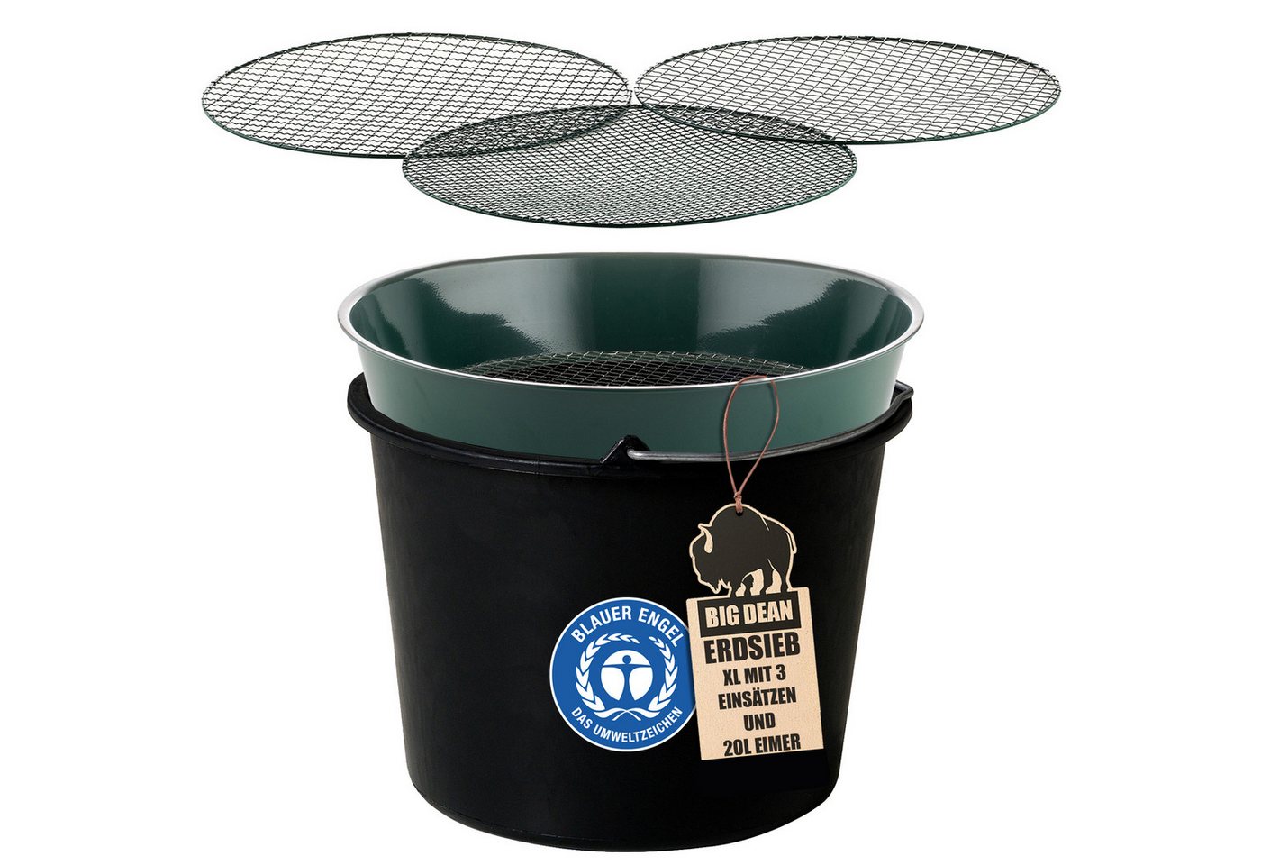 BigDean Gartensieb aus Metall mit 3 Maschenweiten 6,4 mm/9,5 mm/12,7 mm - Erdsieb, Kunststoff, Metall, (Packung, 1-St., Gartensieb), Robustes Metall, Vielseitig Einsetzbar